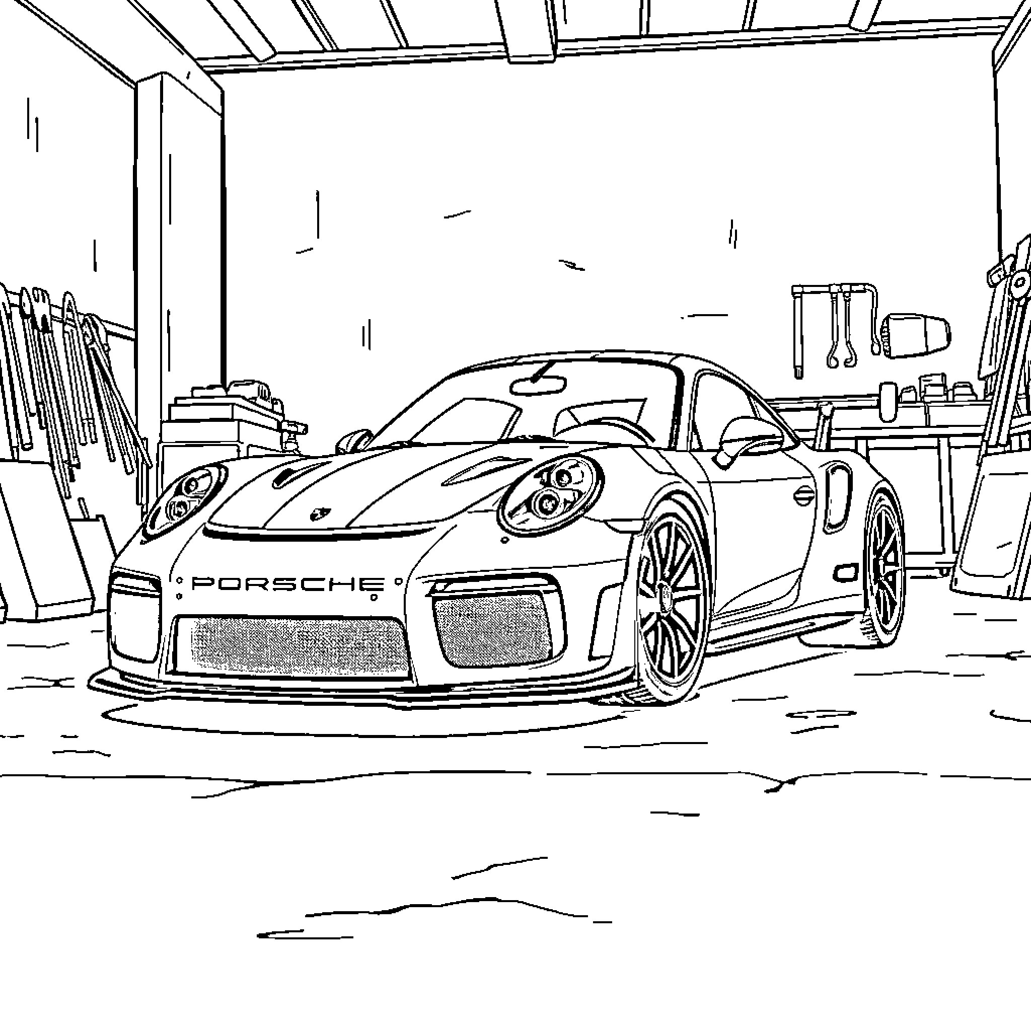 Porsche sports car in a garage workshop Coloring Page (free black-and-white line drawing printable PDF for all, from beginners to advanced learners, including children, teens, adults, and seniors)