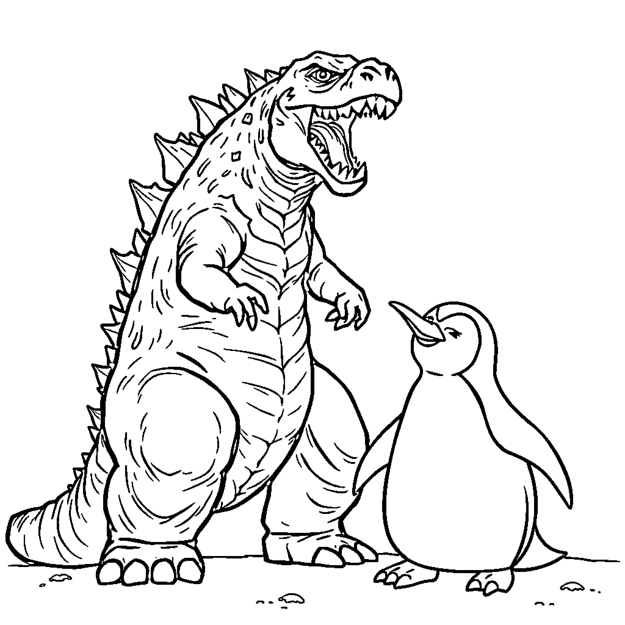 Godzilla confronting a penguin in the wild Coloring Page (free black-and-white line drawing printable PDF for all, from beginners to advanced learners, including children, teens, adults, and seniors)