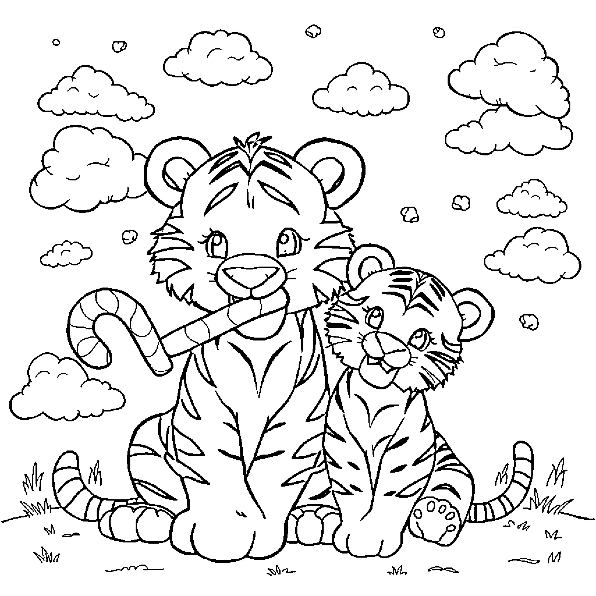 Tiger and cub playing in the clouds Coloring Page (free black-and-white line drawing printable PDF for all, from beginners to advanced learners, including children, teens, adults, and seniors)