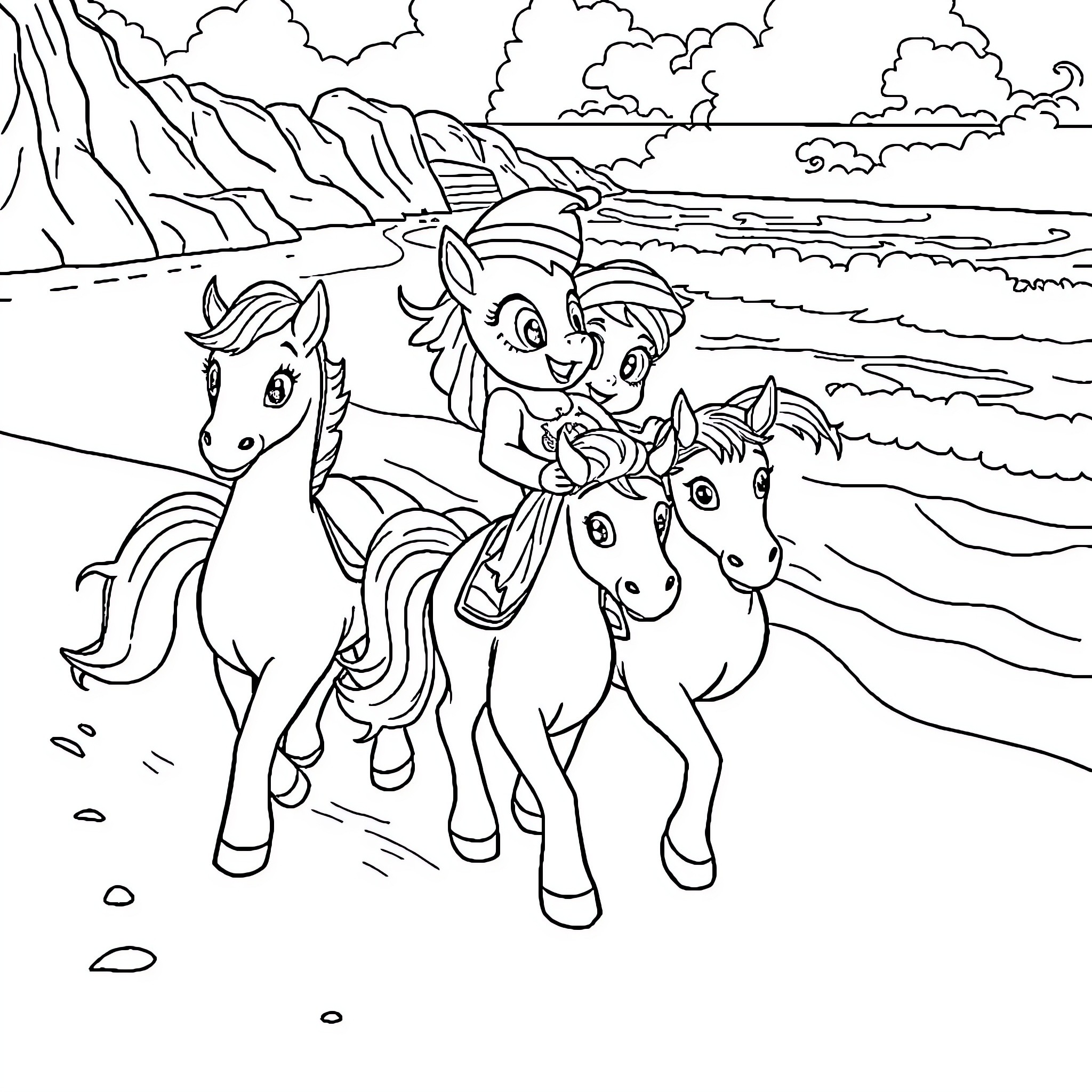 Bluey and horses playing on the beach Coloring Page (free black-and-white line drawing printable PDF for all, from beginners to advanced learners, including children, teens, adults, and seniors)