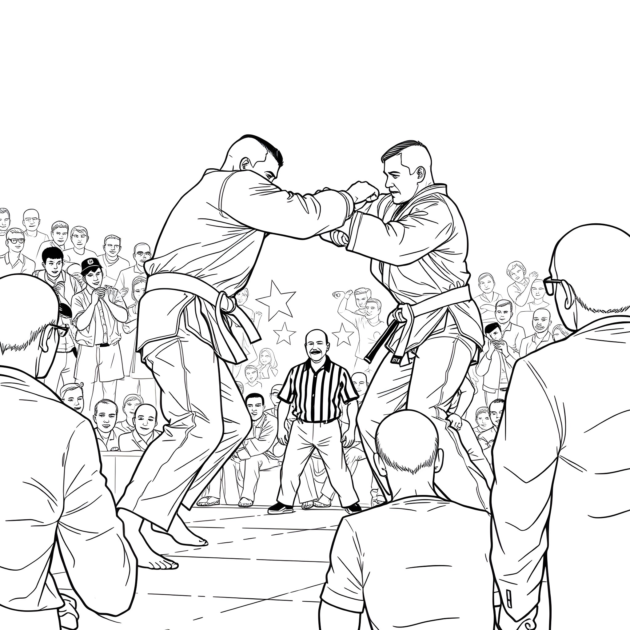 BJJ Fight with Crowd in Action Coloring Page (free black-and-white line drawing printable PDF for all, from beginners to advanced learners, including children, teens, adults, and seniors)