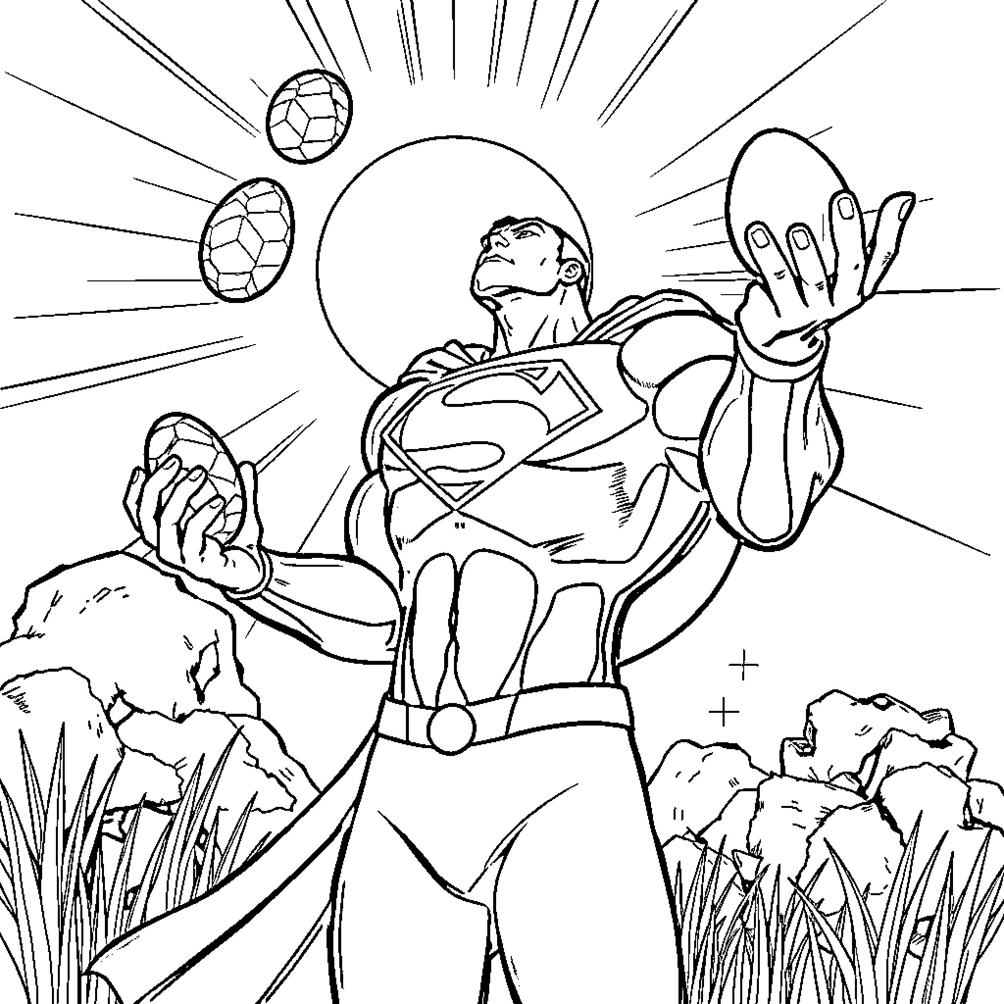 Superman heroically flies over the landscape Coloring Page (free black-and-white line drawing printable PDF for all, from beginners to advanced learners, including children, teens, adults, and seniors)
