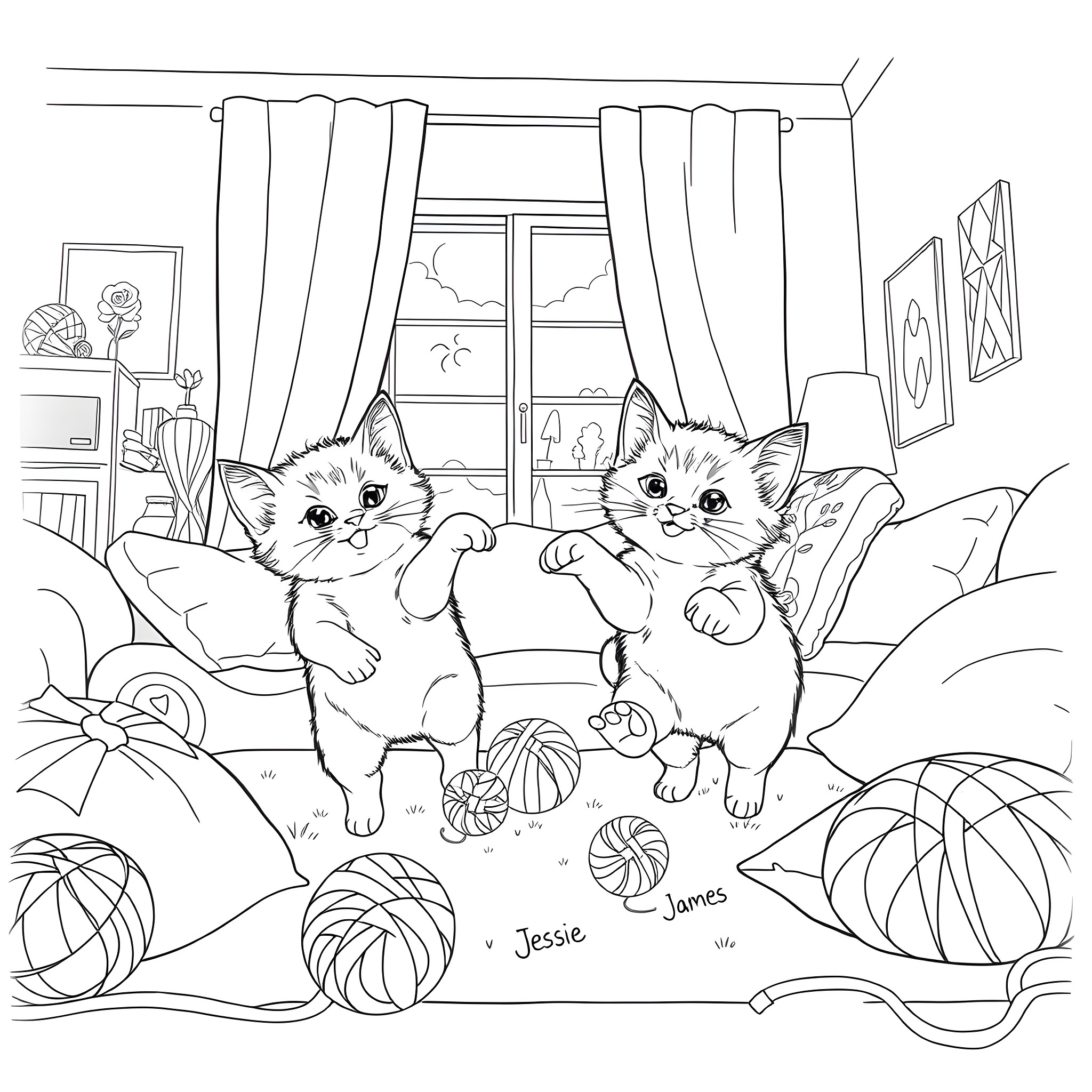 Kittens Playing Joyfully in Living Room Coloring Page (free black-and-white line drawing printable PDF for all, from beginners to advanced learners, including children, teens, adults, and seniors)