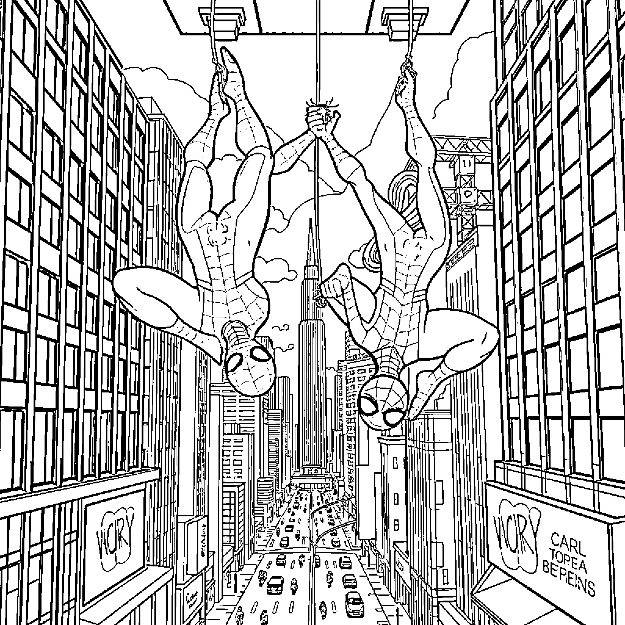 Spiderman swinging through the cityscape Coloring Page (free black-and-white line drawing printable PDF for all, from beginners to advanced learners, including children, teens, adults, and seniors)