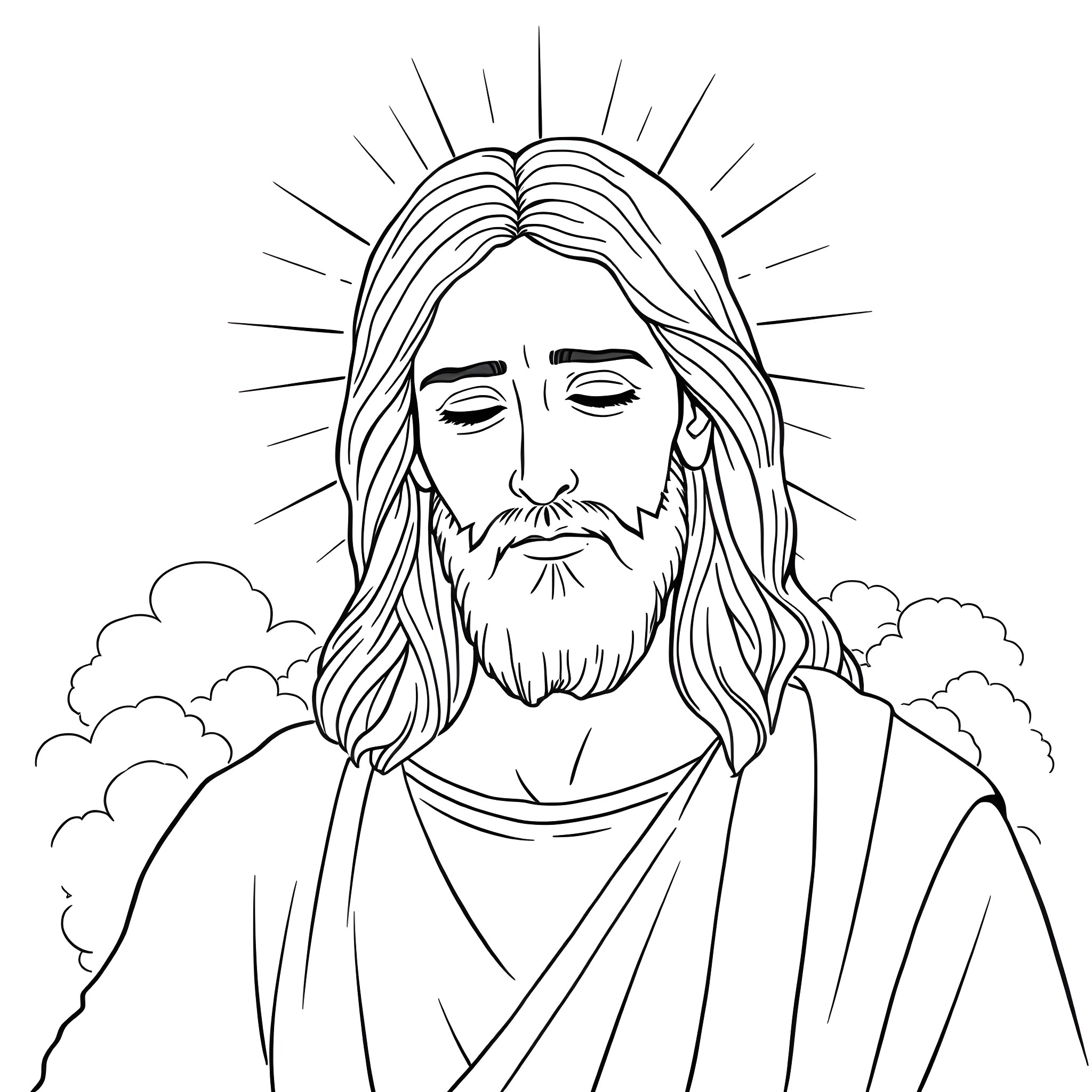 Jesus Christ with Heavenly Light and Clouds Coloring Page (free black-and-white line drawing printable PDF for all, from beginners to advanced learners, including children, teens, adults, and seniors)