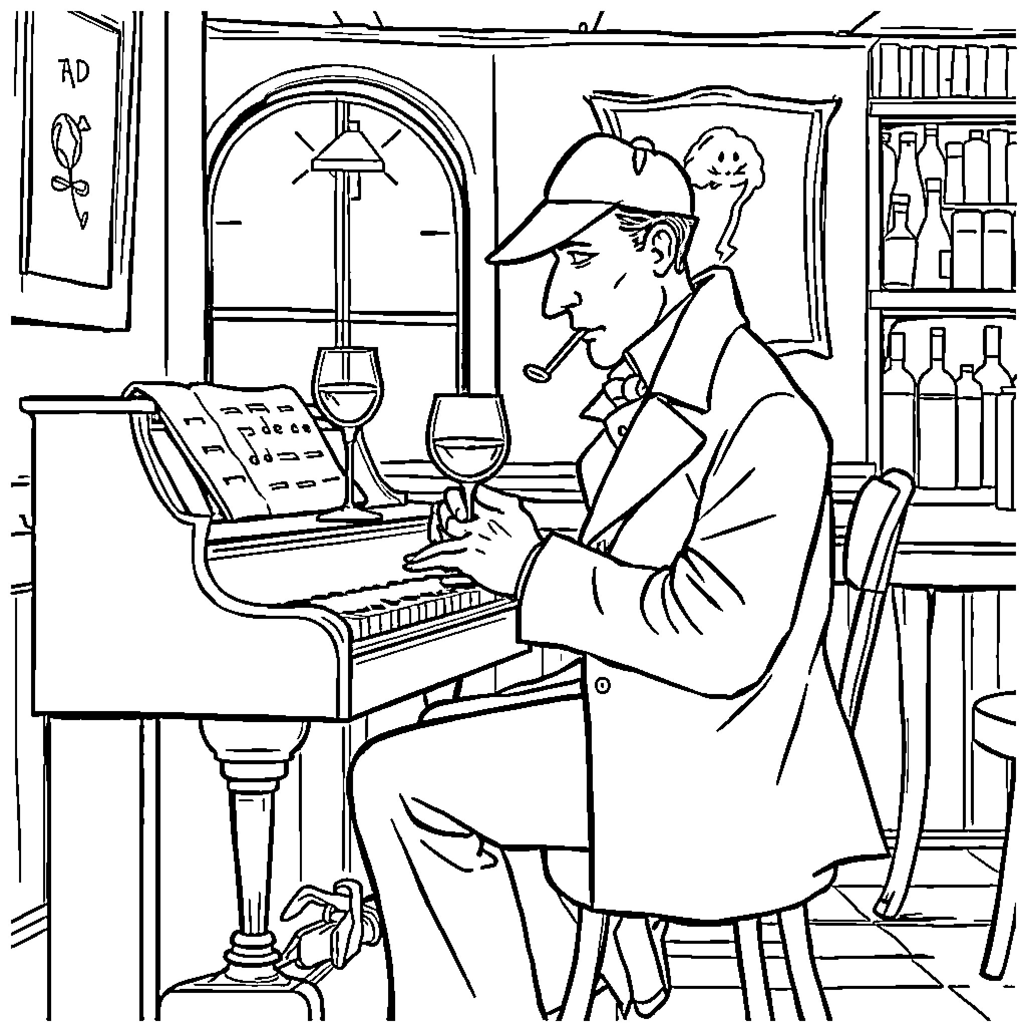 Sherlock Holmes enjoys a glass of wine while playing the piano Coloring Page (free black-and-white line drawing printable PDF for all, from beginners to advanced learners, including children, teens, adults, and seniors)