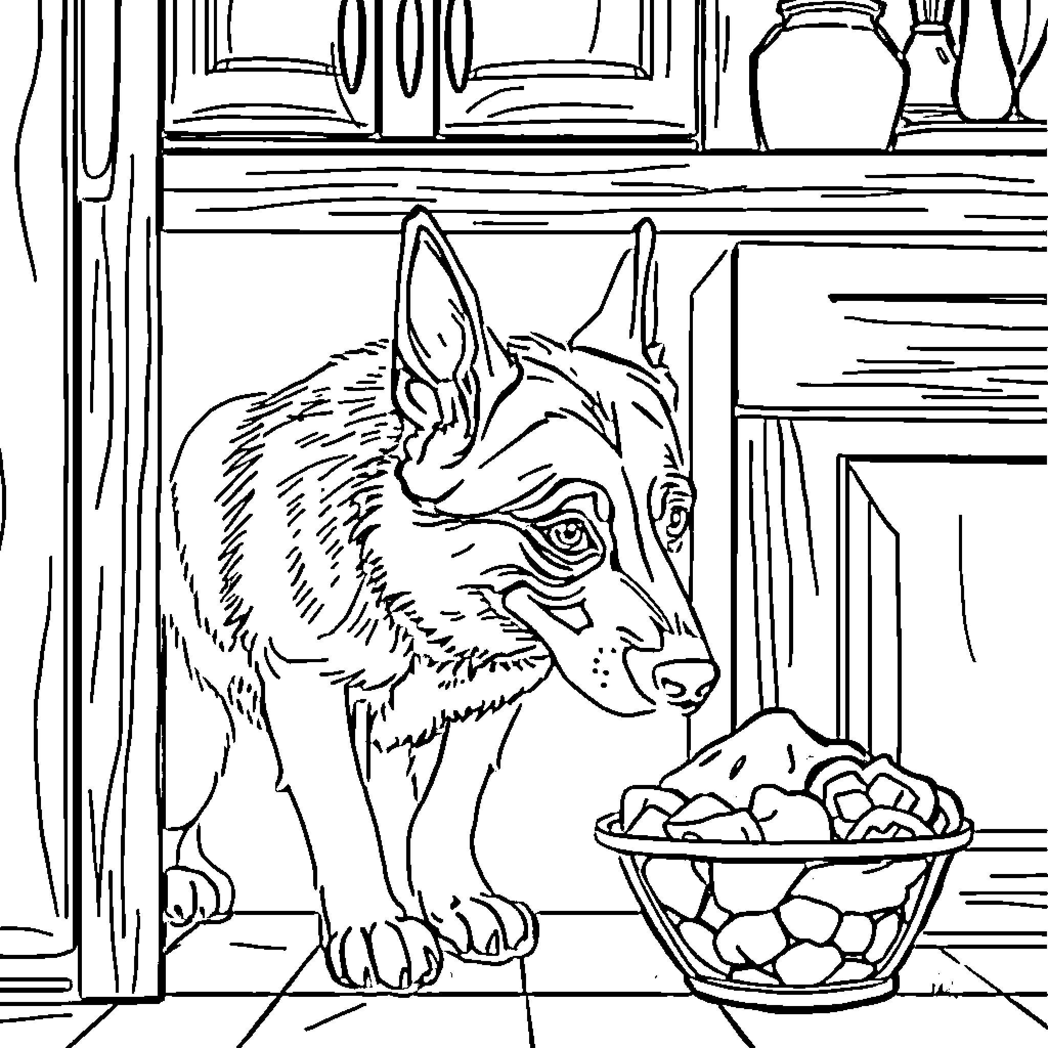 Dog looking at food in bowl Coloring Page (free black-and-white line drawing printable PDF for all, from beginners to advanced learners, including children, teens, adults, and seniors)