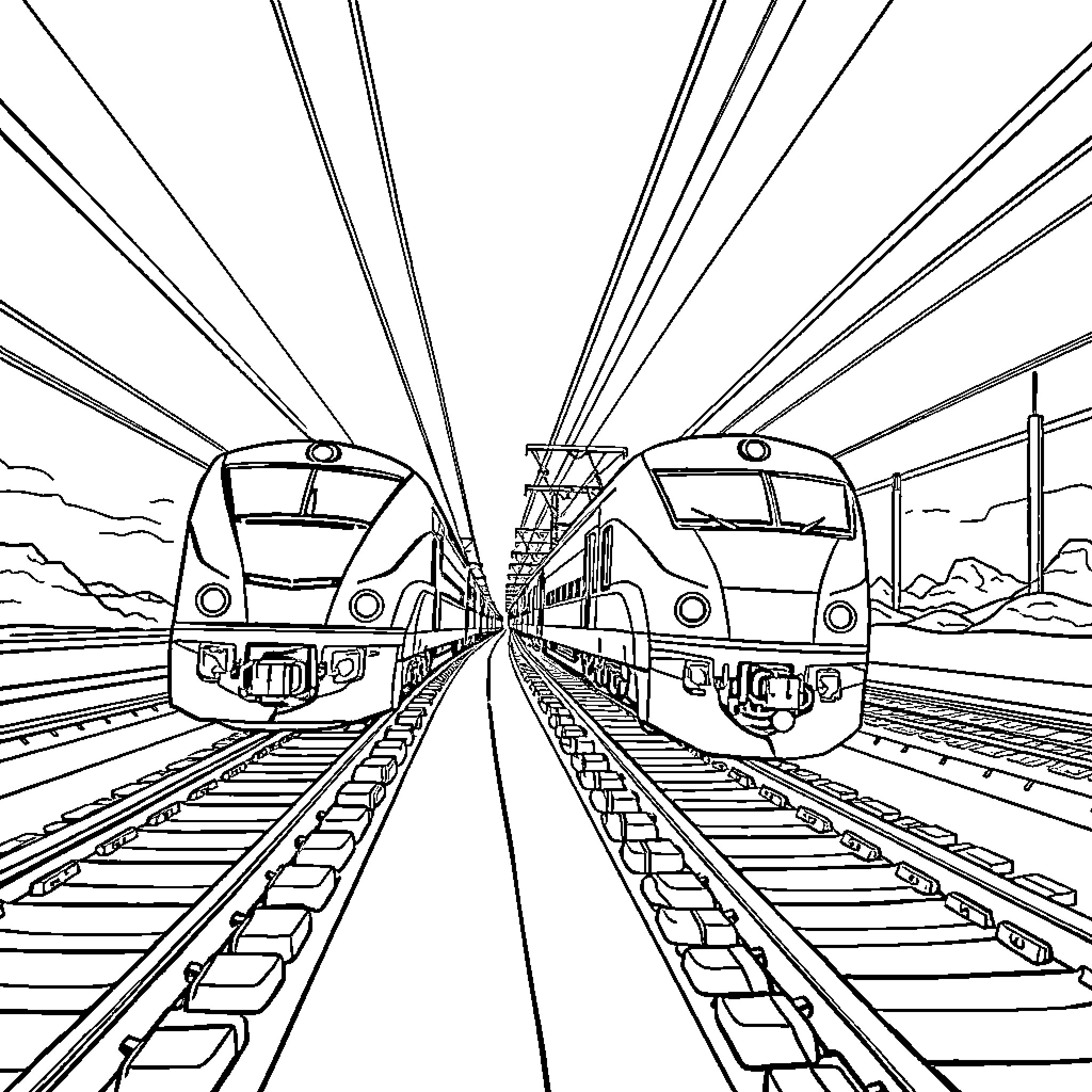 Trains Traveling on Railway Tracks Towards Horizon Coloring Page (free black-and-white line drawing printable PDF for all, from beginners to advanced learners, including children, teens, adults, and seniors)