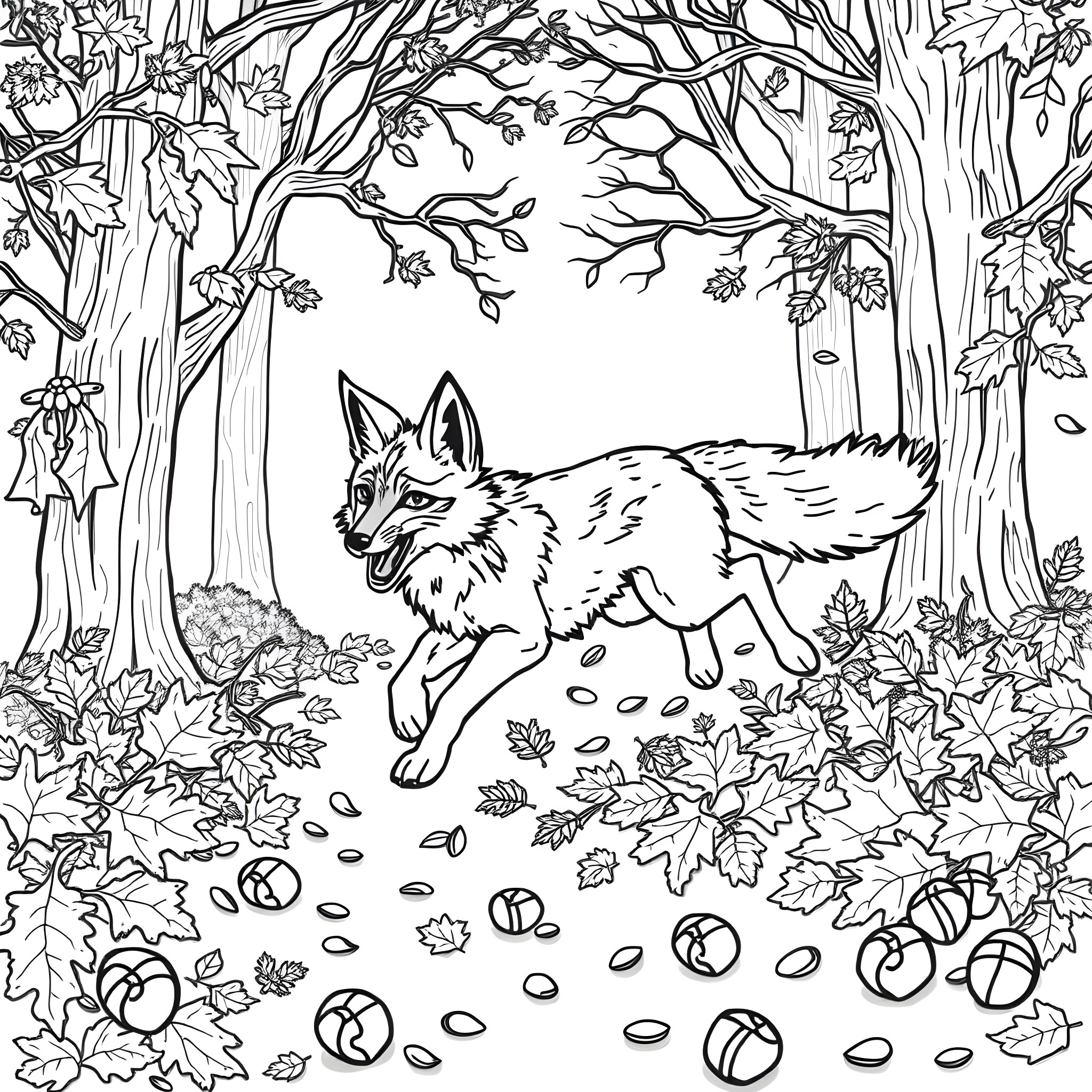 Coyote exploring the autumn forest Coloring Page (free black-and-white line drawing printable PDF for all, from beginners to advanced learners, including children, teens, adults, and seniors)
