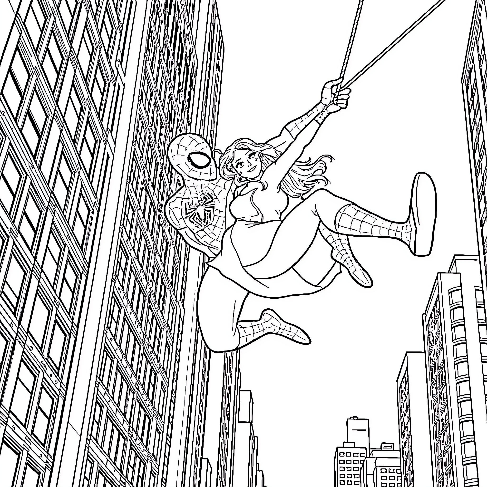 Spiderman swinging through the city with a woman Coloring Page (free black-and-white line drawing printable PDF for all, from beginners to advanced learners, including children, teens, adults, and seniors)
