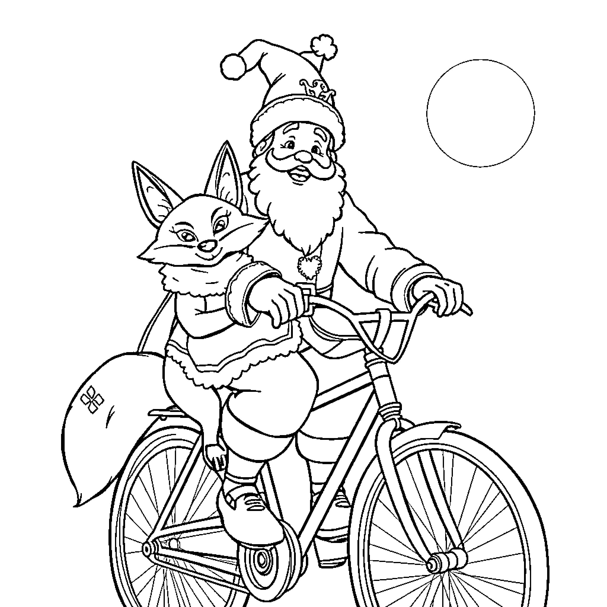 Sinterklaas riding a bicycle with a companion Coloring Page (free black-and-white line drawing printable PDF for all, from beginners to advanced learners, including children, teens, adults, and seniors)