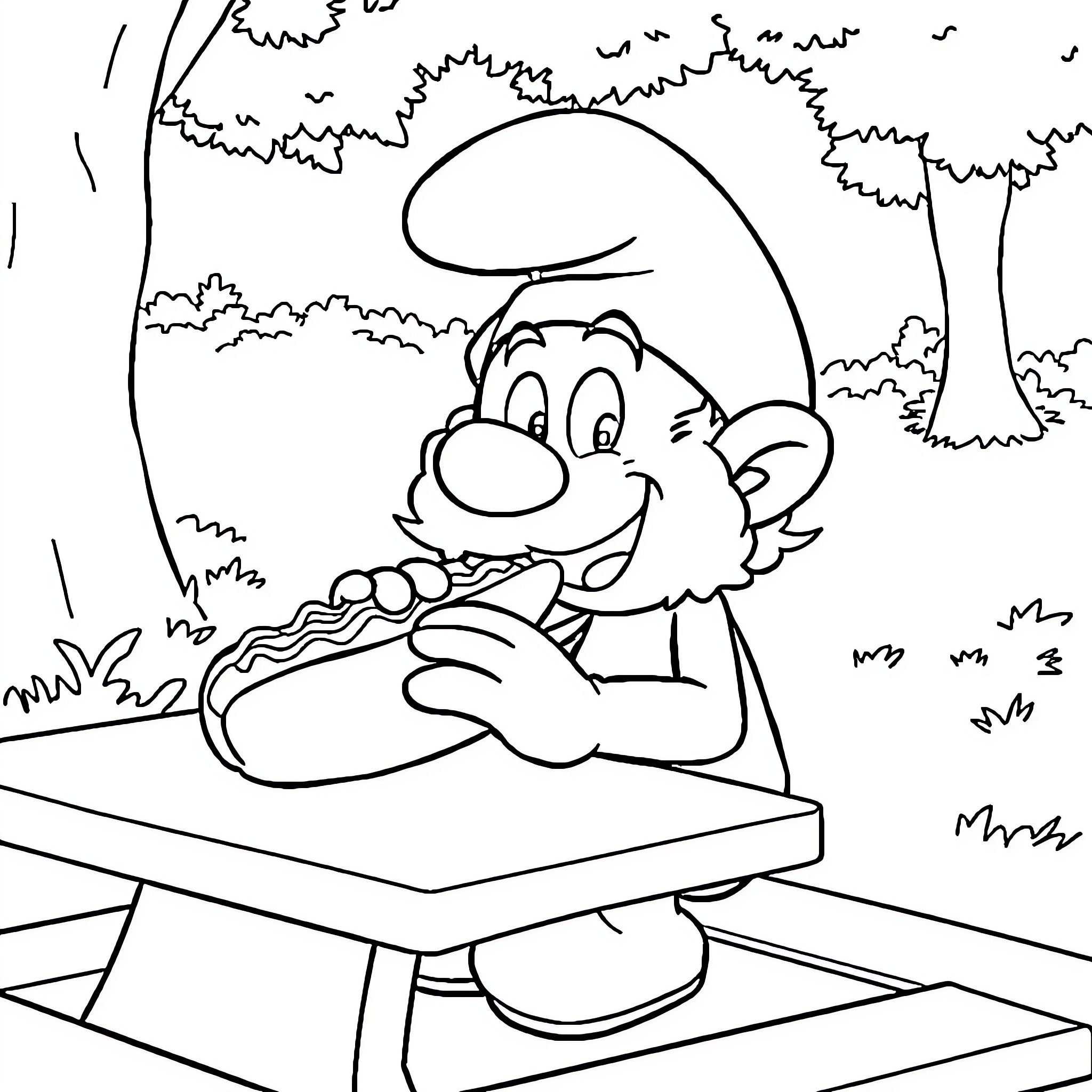 Papa Smurf relaxing in the park Coloring Page (free black-and-white line drawing printable PDF for all, from beginners to advanced learners, including children, teens, adults, and seniors)