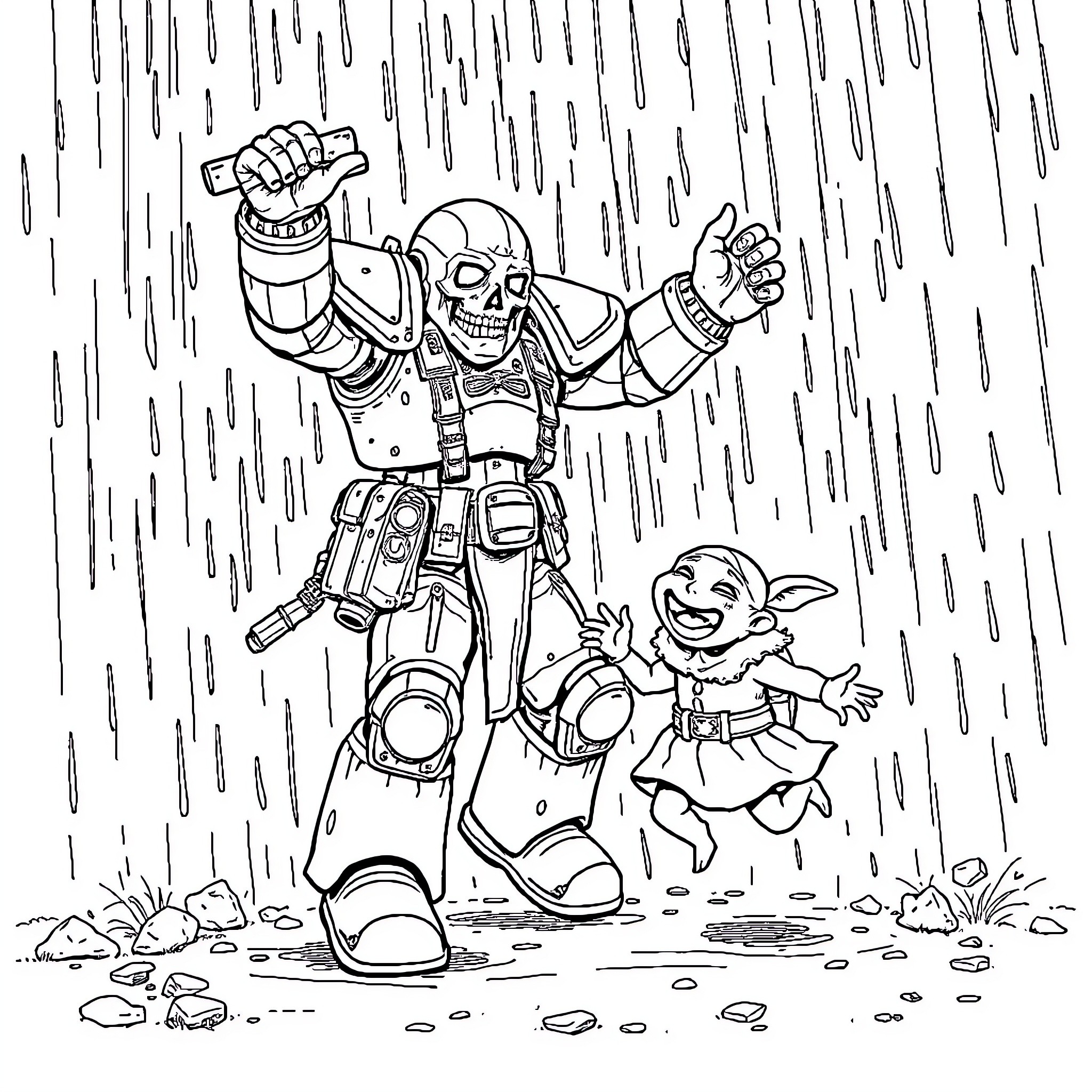 Plague Marine unleashing fury in the rain Coloring Page (free black-and-white line drawing printable PDF for all, from beginners to advanced learners, including children, teens, adults, and seniors)
