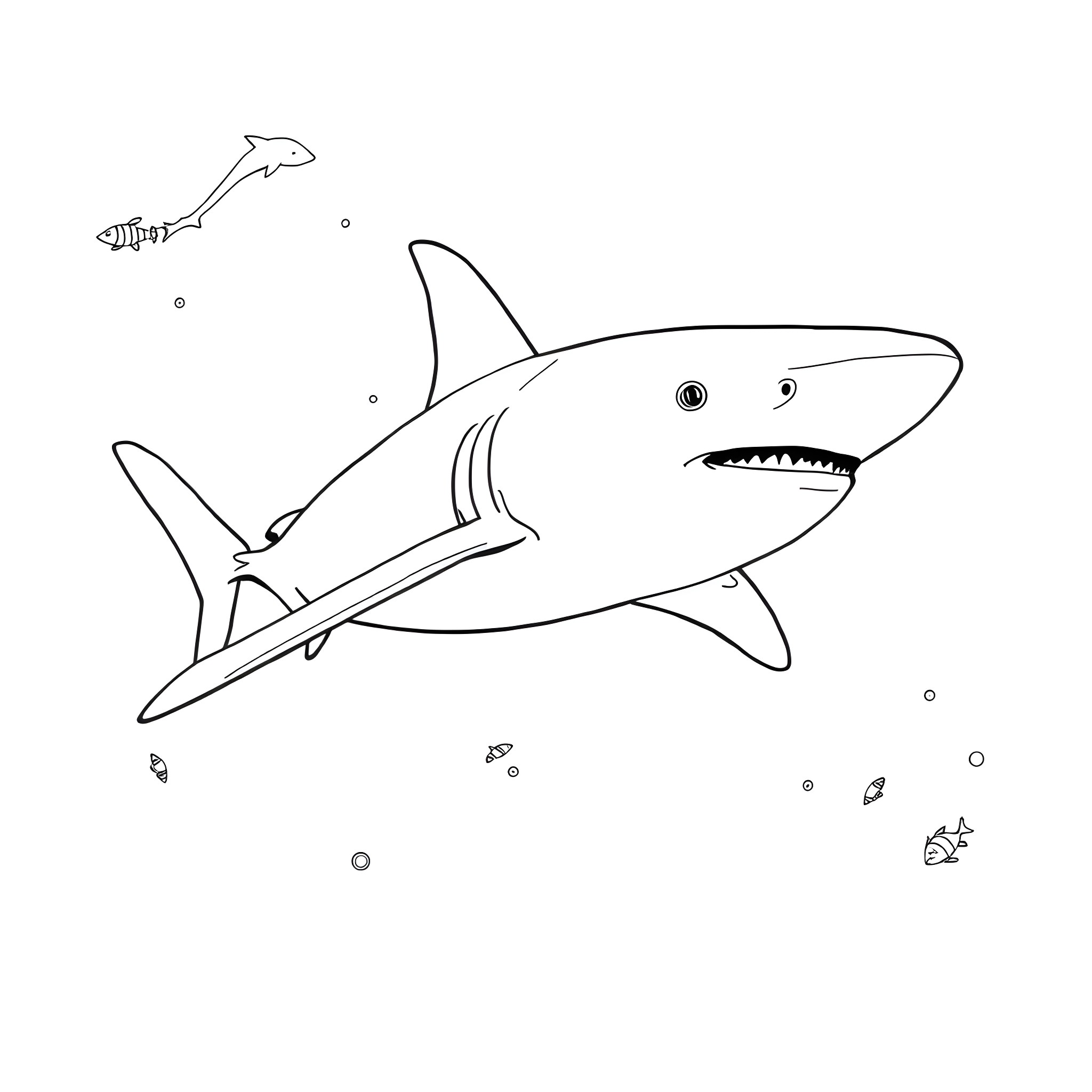 Shark swimming playfully in the ocean Coloring Page (free black-and-white line drawing printable PDF for all, from beginners to advanced learners, including children, teens, adults, and seniors)