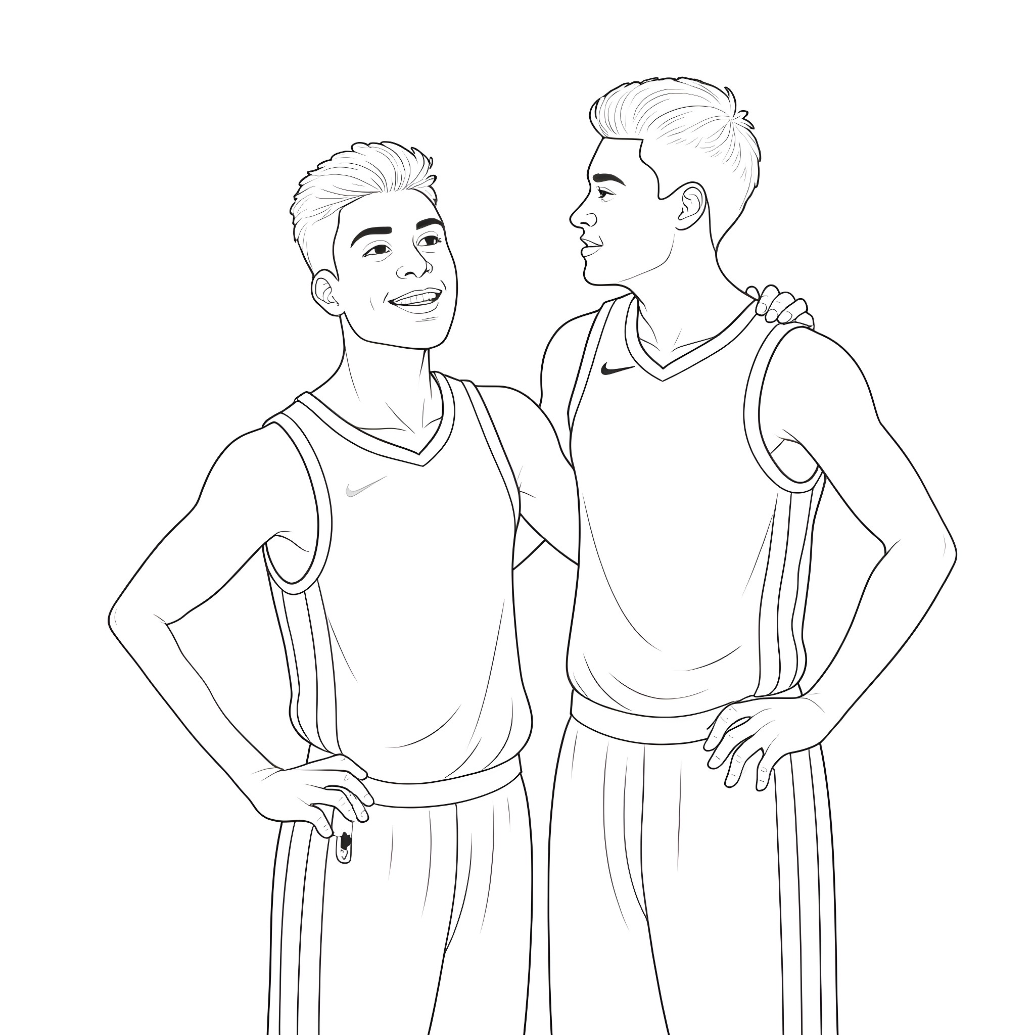 Patrick Mahomes and Teammates Enjoying Friendly Conversation Coloring Page (free black-and-white line drawing printable PDF for all, from beginners to advanced learners, including children, teens, adults, and seniors)