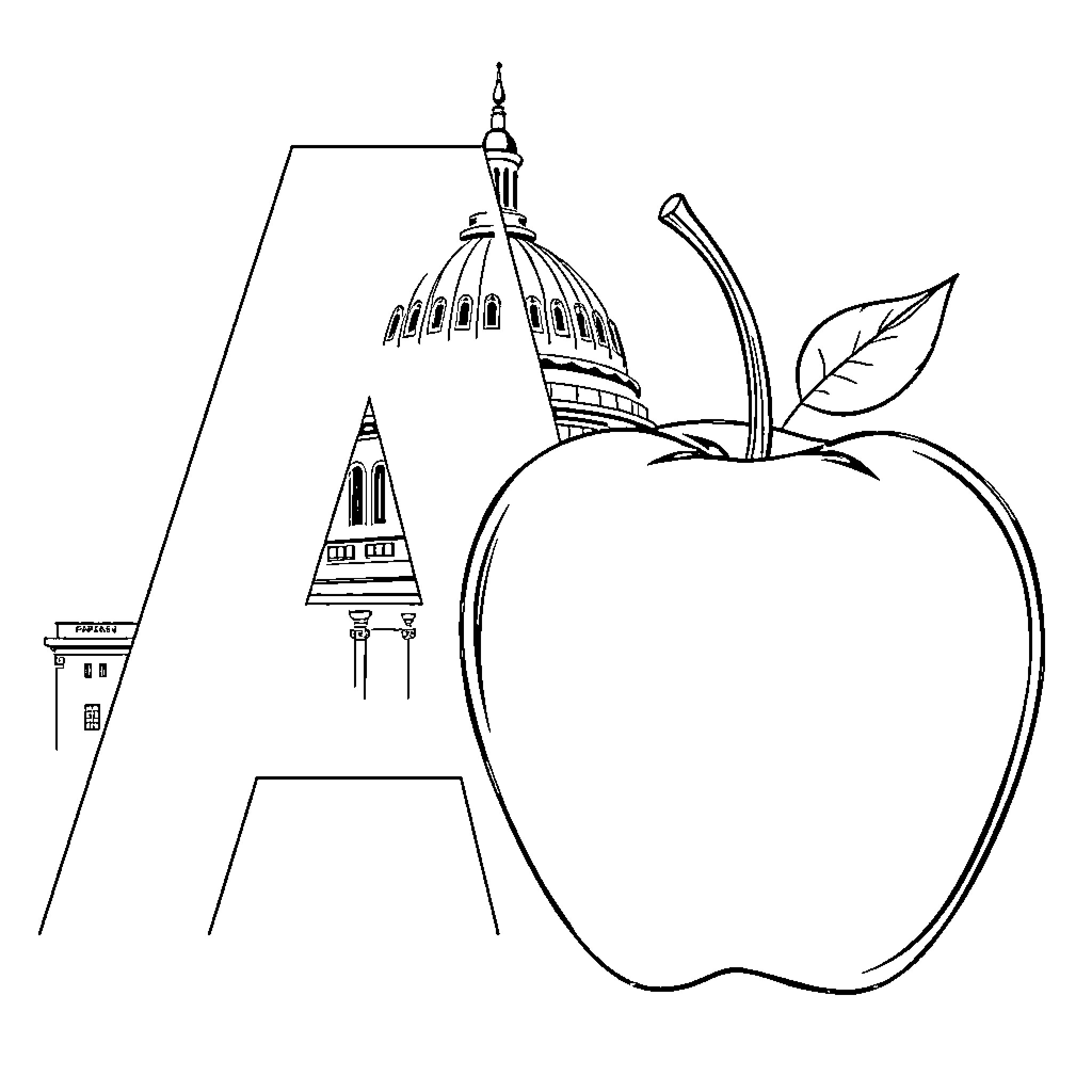 Apple with Iconic Buildings Illustration Coloring Page (free black-and-white line drawing printable PDF for all, from beginners to advanced learners, including children, teens, adults, and seniors)