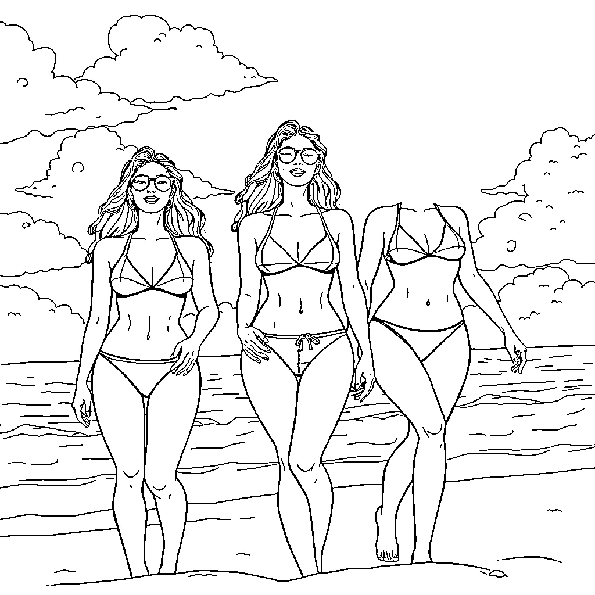 Latina Women Enjoying Summer Beach Coloring Page (free black-and-white line drawing printable PDF for all, from beginners to advanced learners, including children, teens, adults, and seniors)