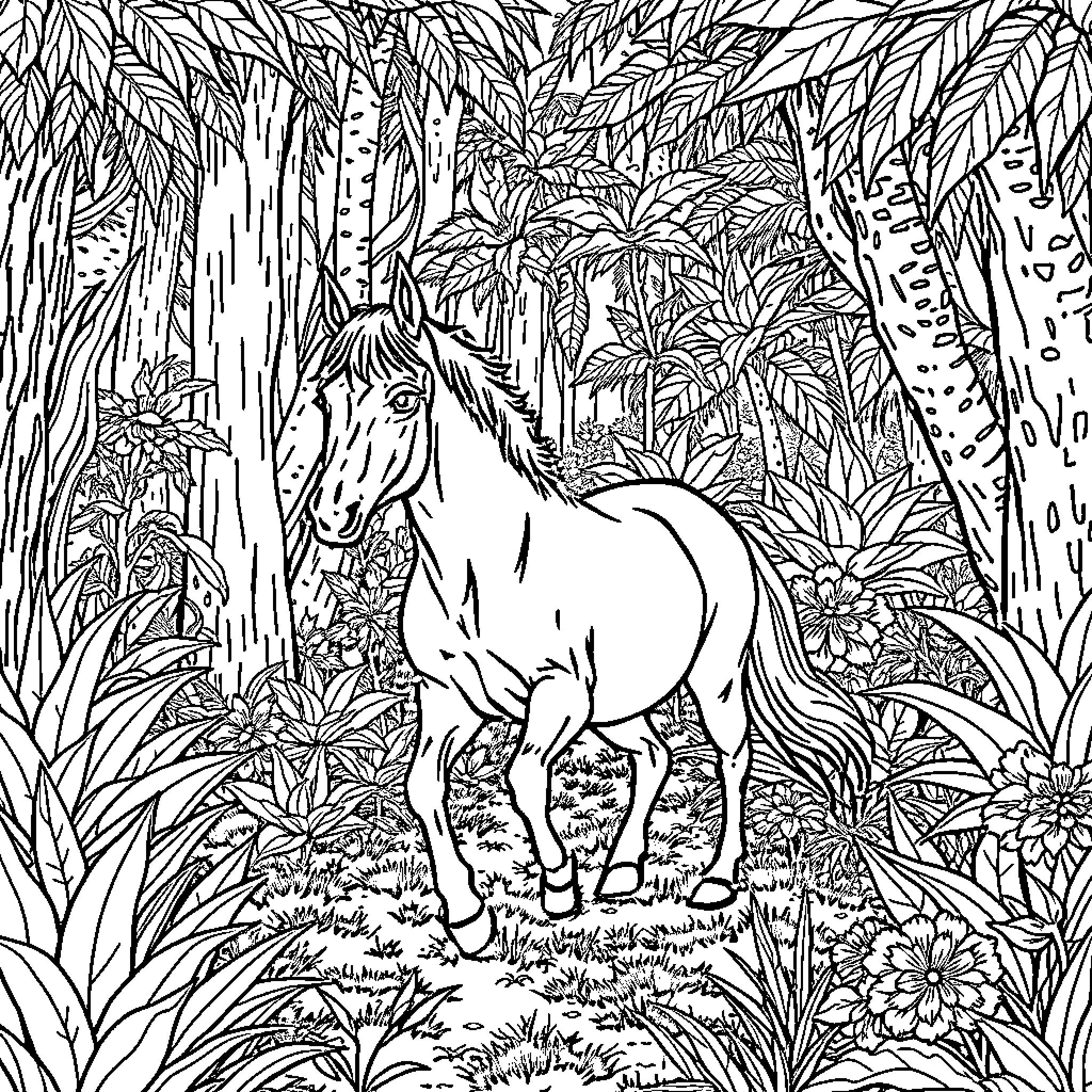 Horse in the Lush Jungle Landscape Coloring Page (free black-and-white line drawing printable PDF for all, from beginners to advanced learners, including children, teens, adults, and seniors)