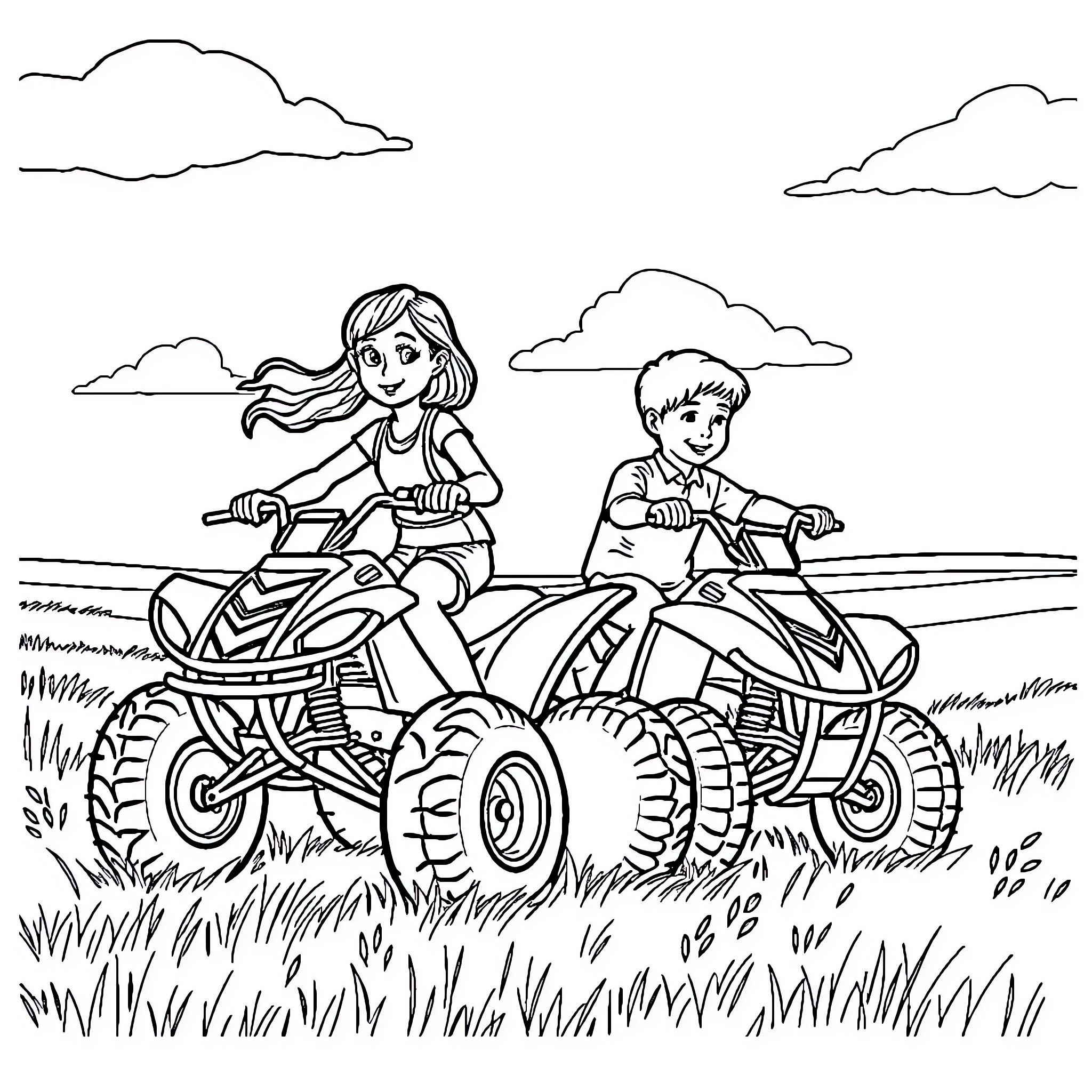 Rider friends enjoying an off-road adventure Coloring Page (free black-and-white line drawing printable PDF for all, from beginners to advanced learners, including children, teens, adults, and seniors)