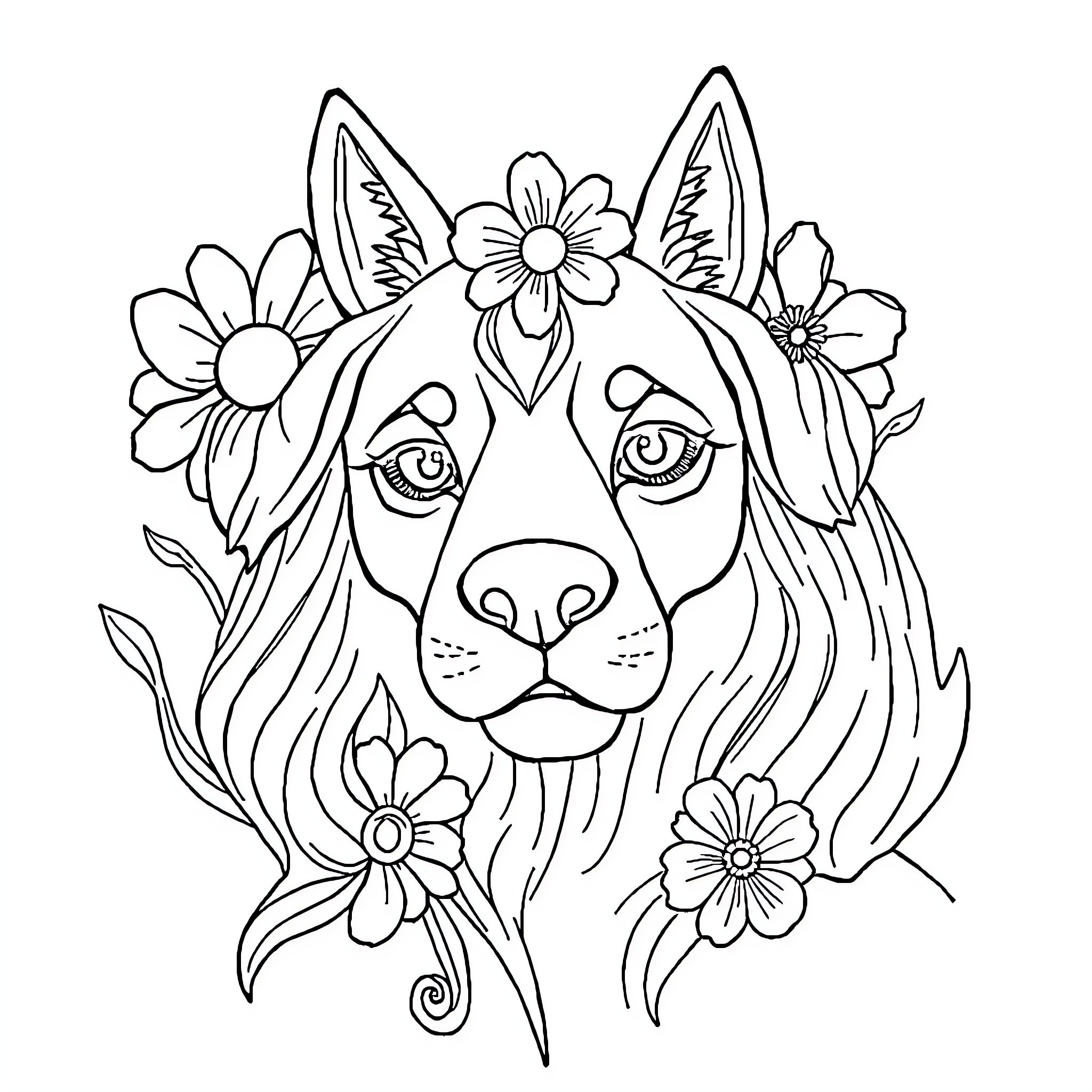 Art Playful Floral Dog Portrait Coloring Page (free black-and-white line drawing printable PDF for all, from beginners to advanced learners, including children, teens, adults, and seniors)