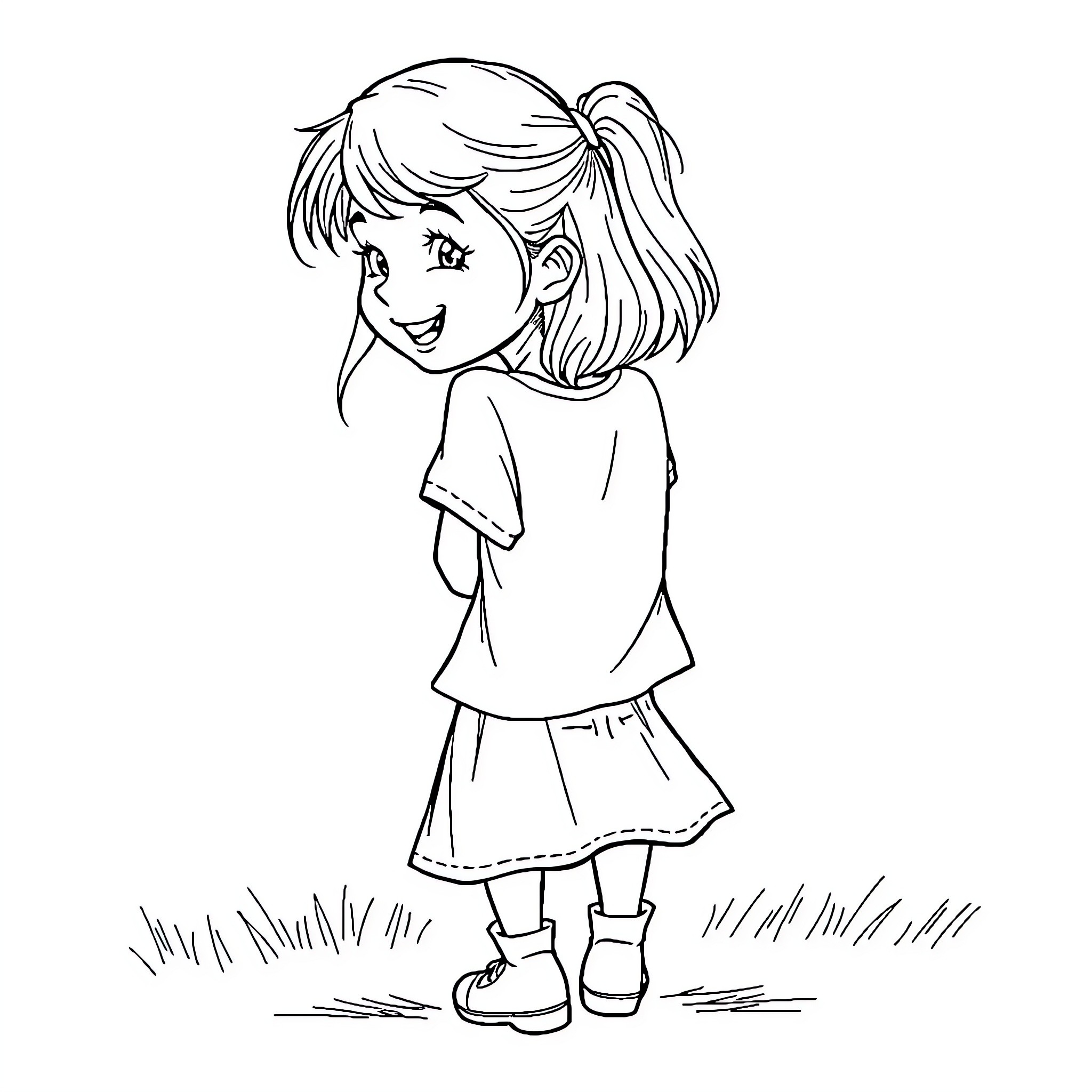 Girl in casual outfit smiling outdoors Coloring Page (free black-and-white line drawing printable PDF for all, from beginners to advanced learners, including children, teens, adults, and seniors)