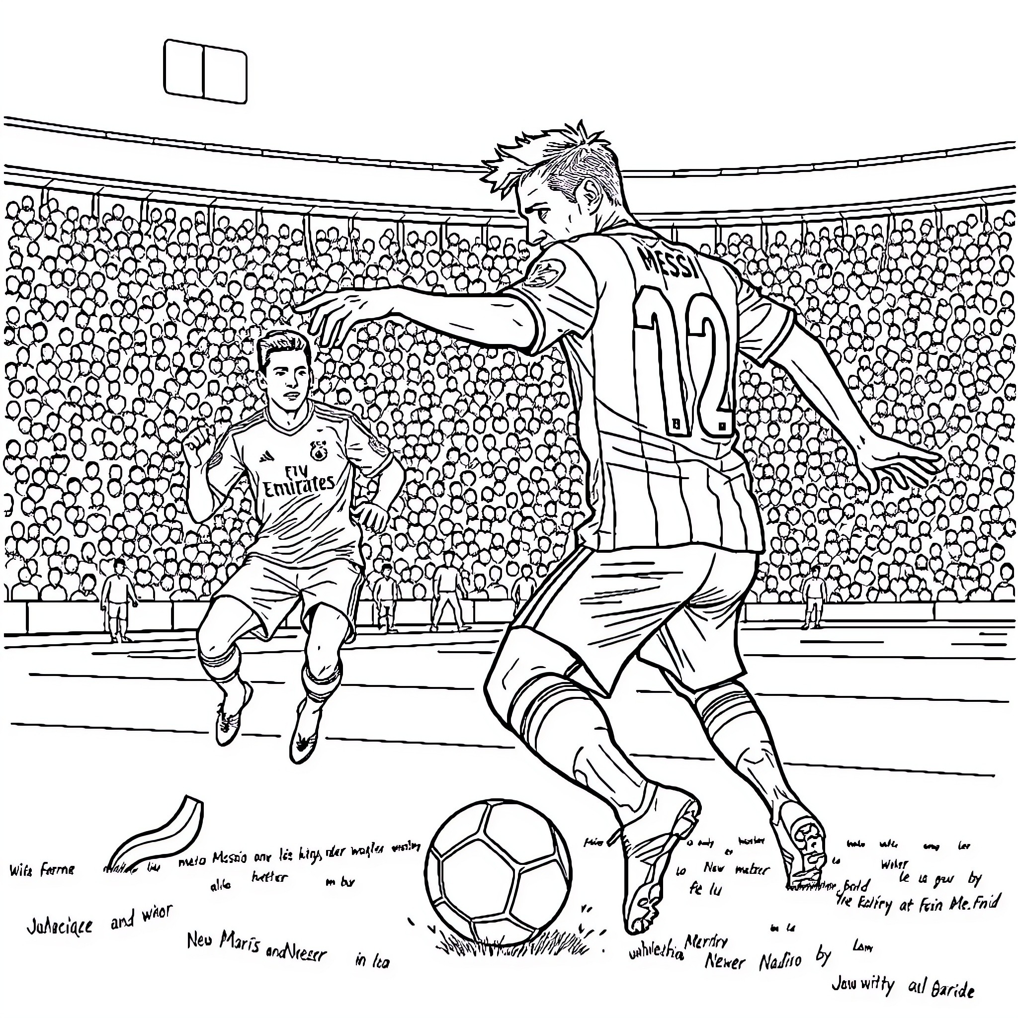 Messi Showcasing Impressive Footwork on the Pitch Coloring Page (free black-and-white line drawing printable PDF for all, from beginners to advanced learners, including children, teens, adults, and seniors)
