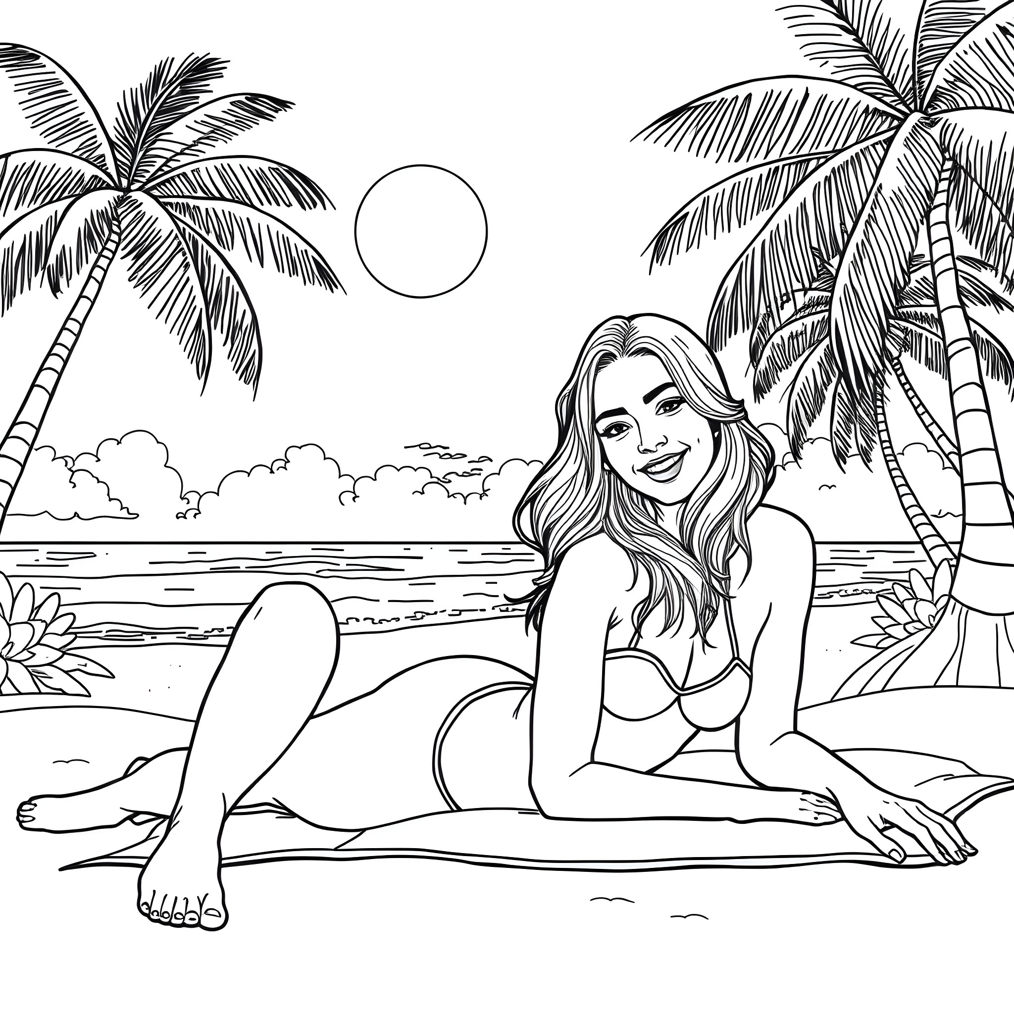 Sydney Sweeney enjoying a sunny day at the beach Coloring Page (free black-and-white line drawing printable PDF for all, from beginners to advanced learners, including children, teens, adults, and seniors)