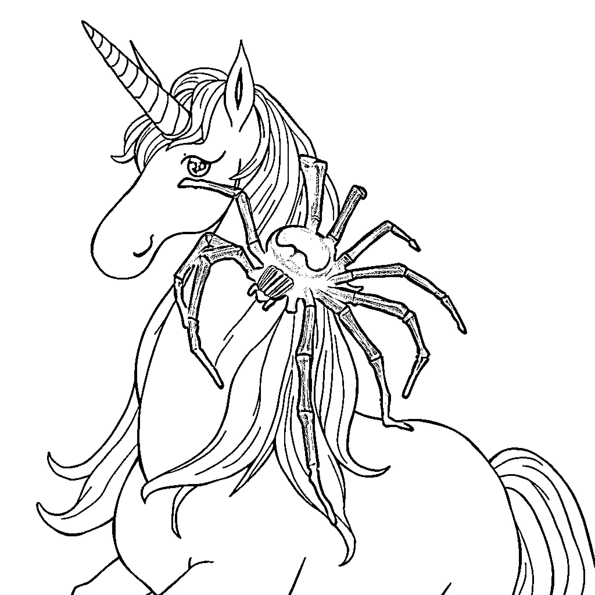Spider-like Unicorn with Mechanical Enhancements Coloring Page (free black-and-white line drawing printable PDF for all, from beginners to advanced learners, including children, teens, adults, and seniors)