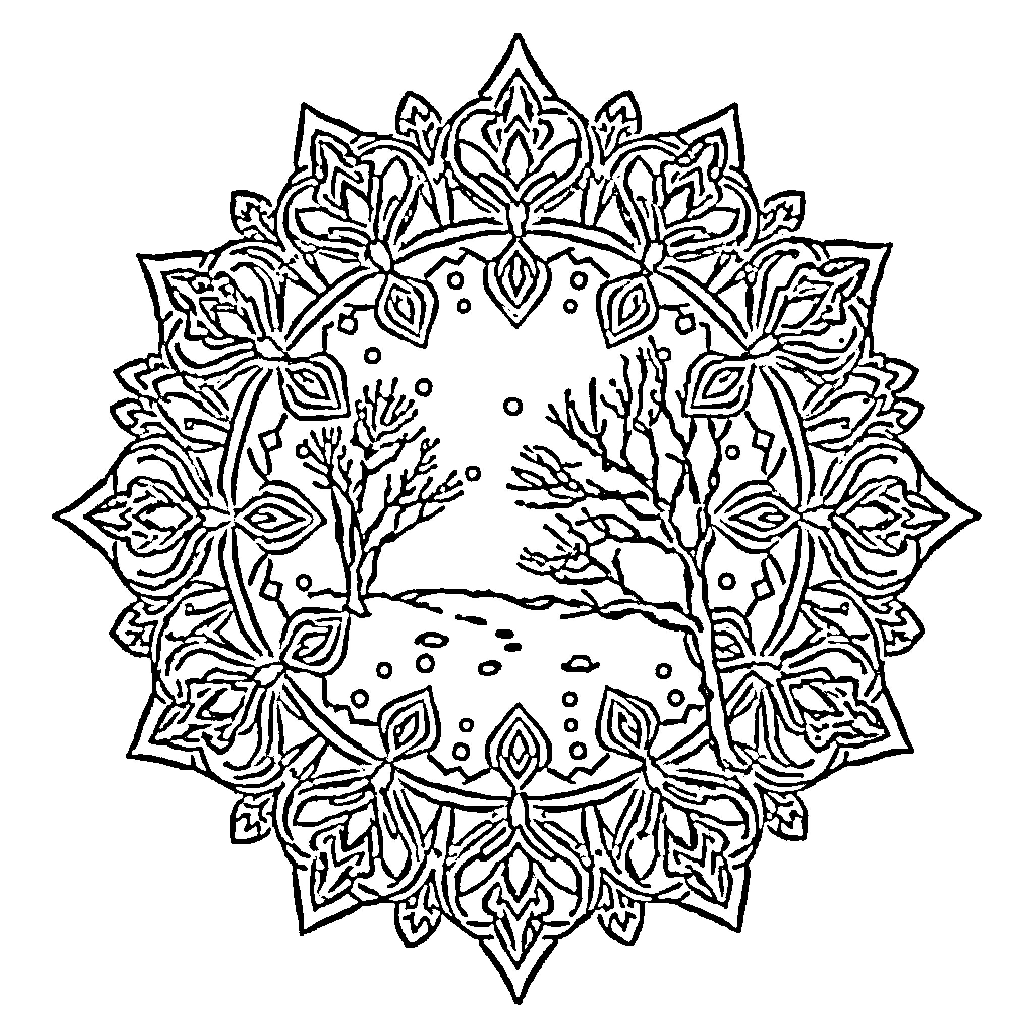 Mandala with Intricate Floral Patterns and Landscape Coloring Page (free black-and-white line drawing printable PDF for all, from beginners to advanced learners, including children, teens, adults, and seniors)