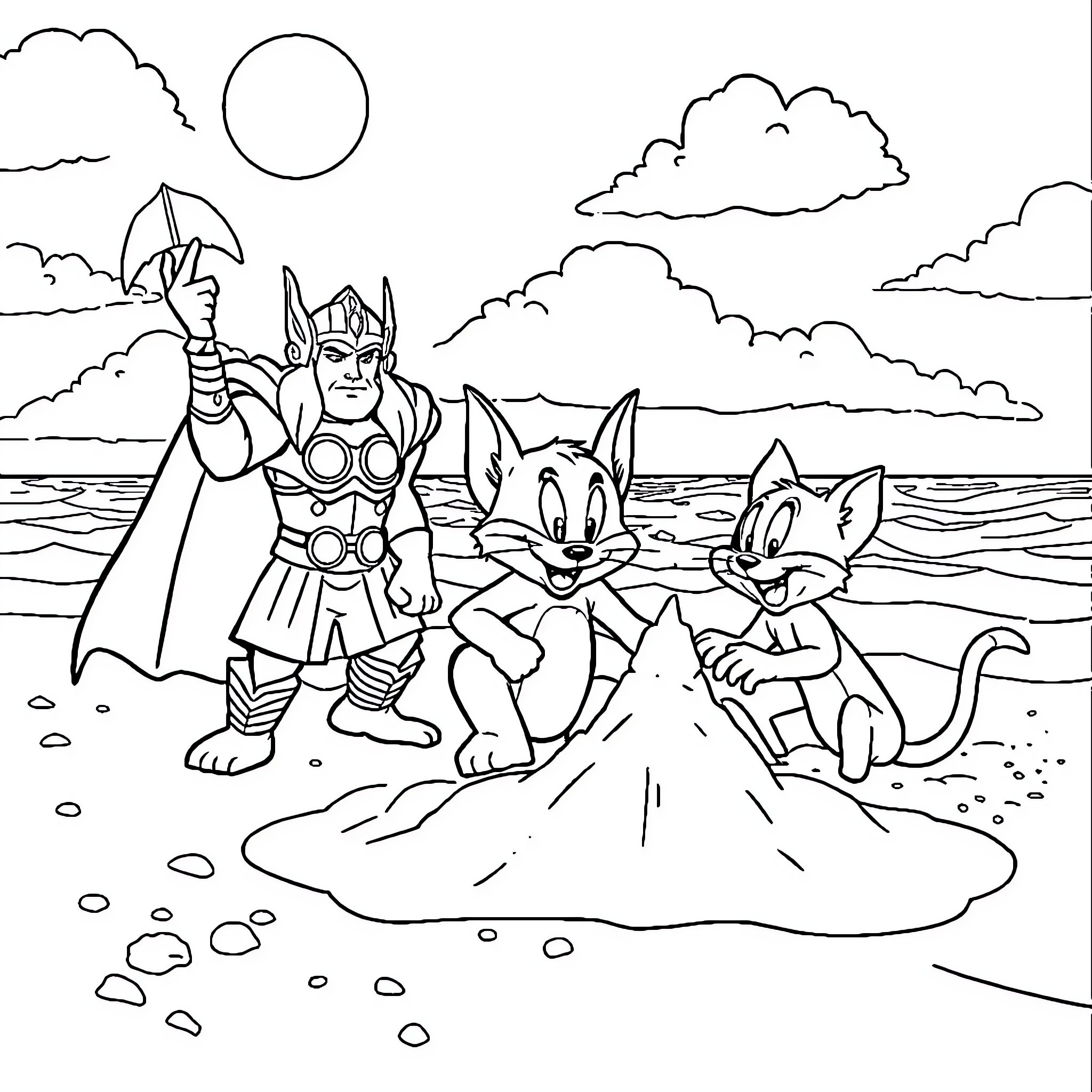 Thor and Companions Enjoying a Beach Adventure Coloring Page (free black-and-white line drawing printable PDF for all, from beginners to advanced learners, including children, teens, adults, and seniors)