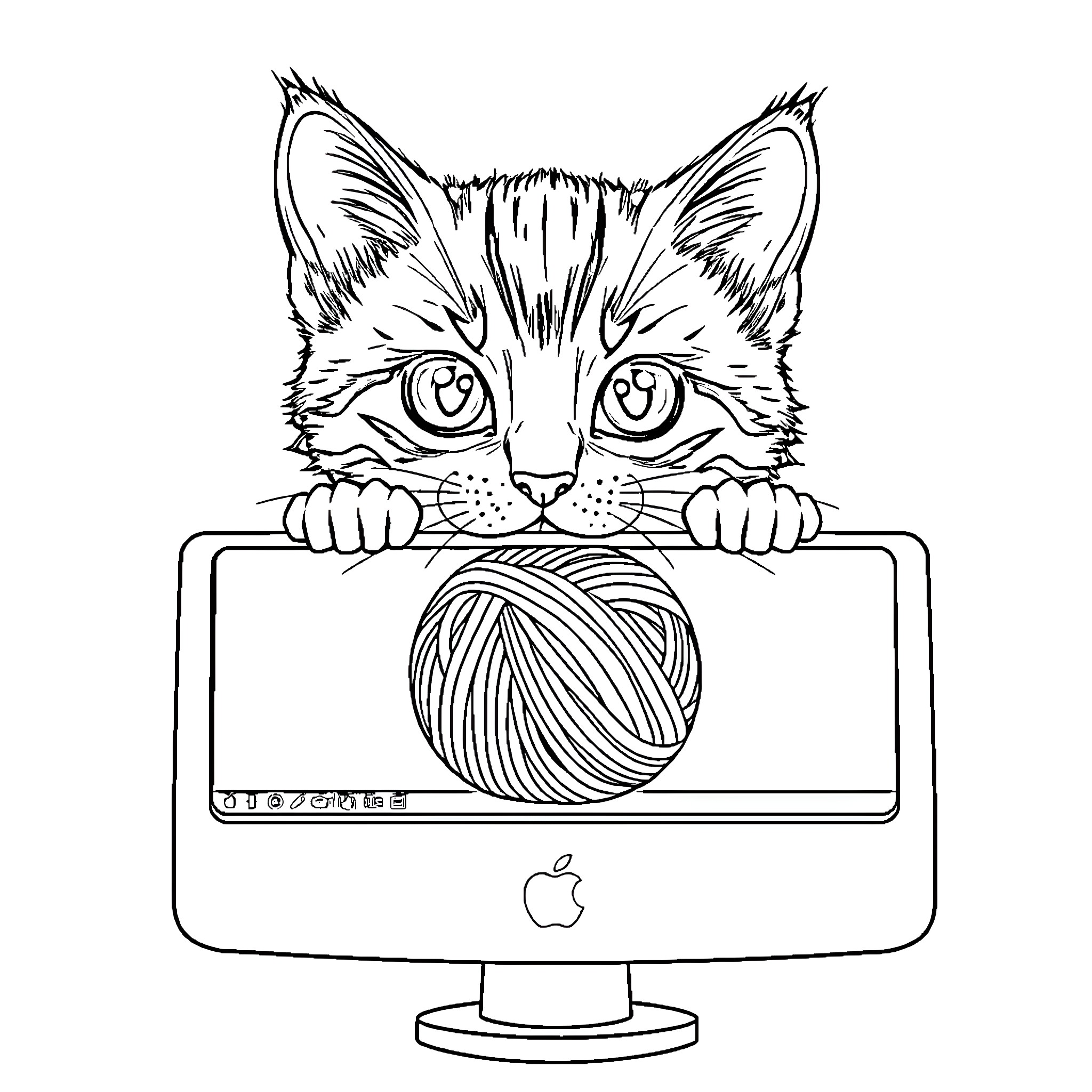 Kitten playing with yarn on computer screen Coloring Page (free black-and-white line drawing printable PDF for all, from beginners to advanced learners, including children, teens, adults, and seniors)