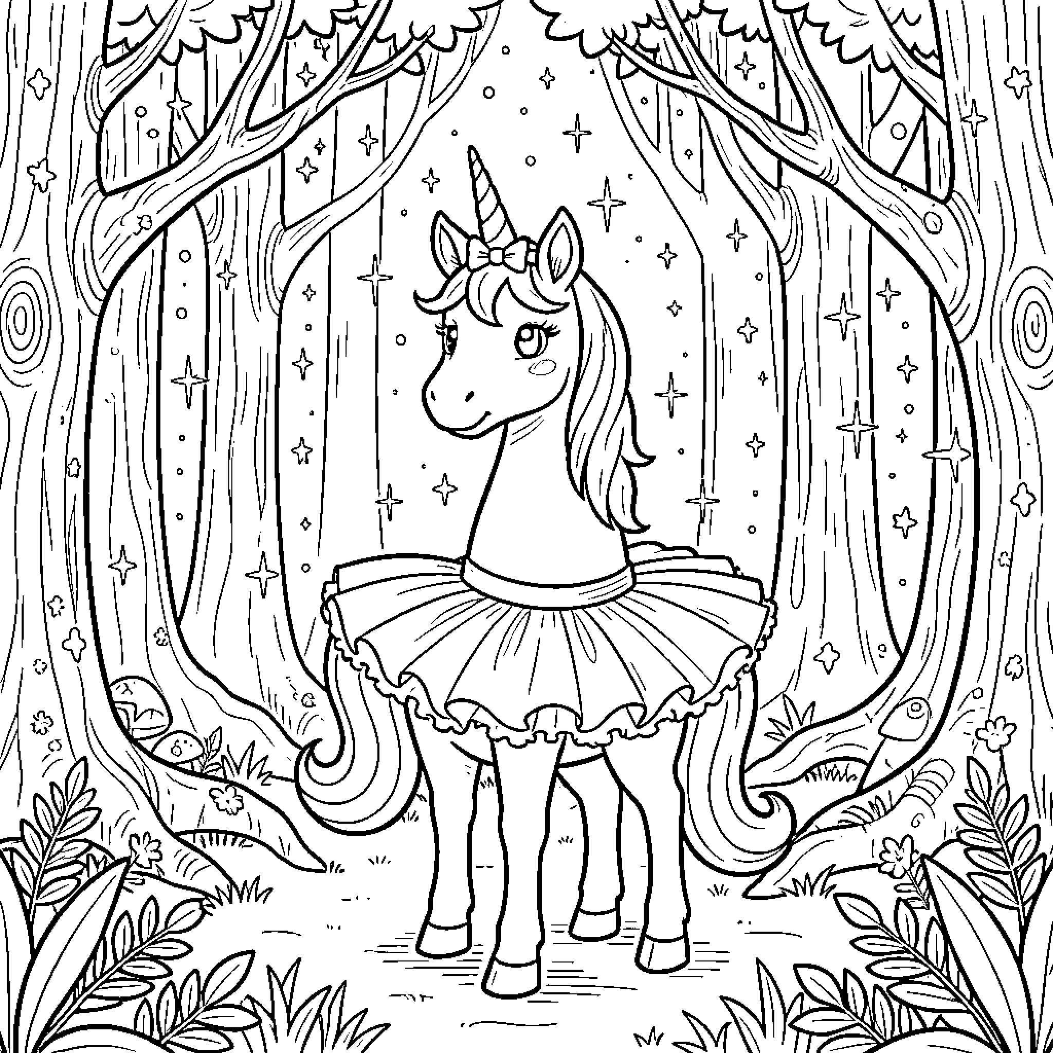 Unicorn wearing a tutu dancing in a magical forest Coloring Page (free black-and-white line drawing printable PDF for all, from beginners to advanced learners, including children, teens, adults, and seniors)