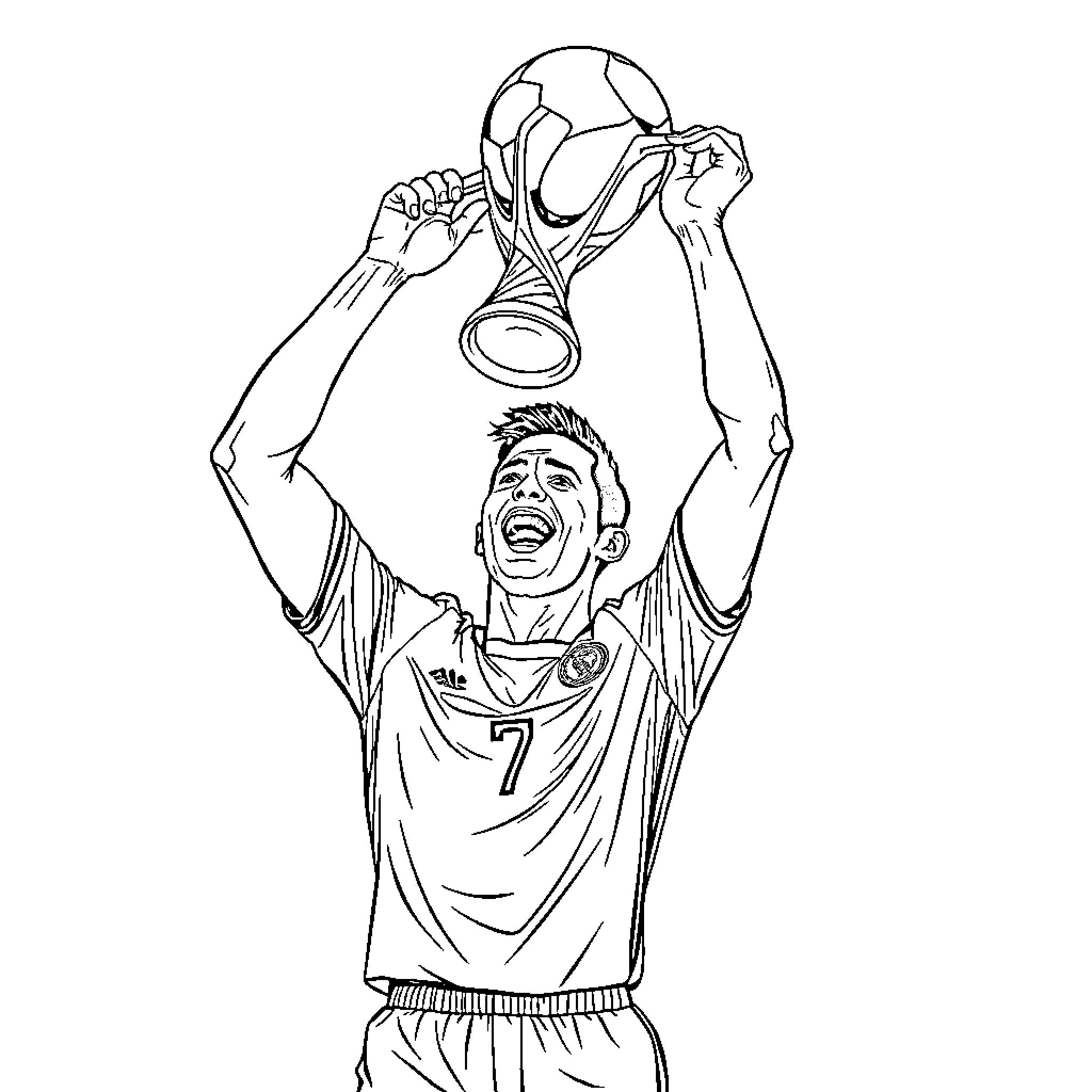 Ronaldo triumphantly holding up trophy after soccer victory Coloring Page (free black-and-white line drawing printable PDF for all, from beginners to advanced learners, including children, teens, adults, and seniors)