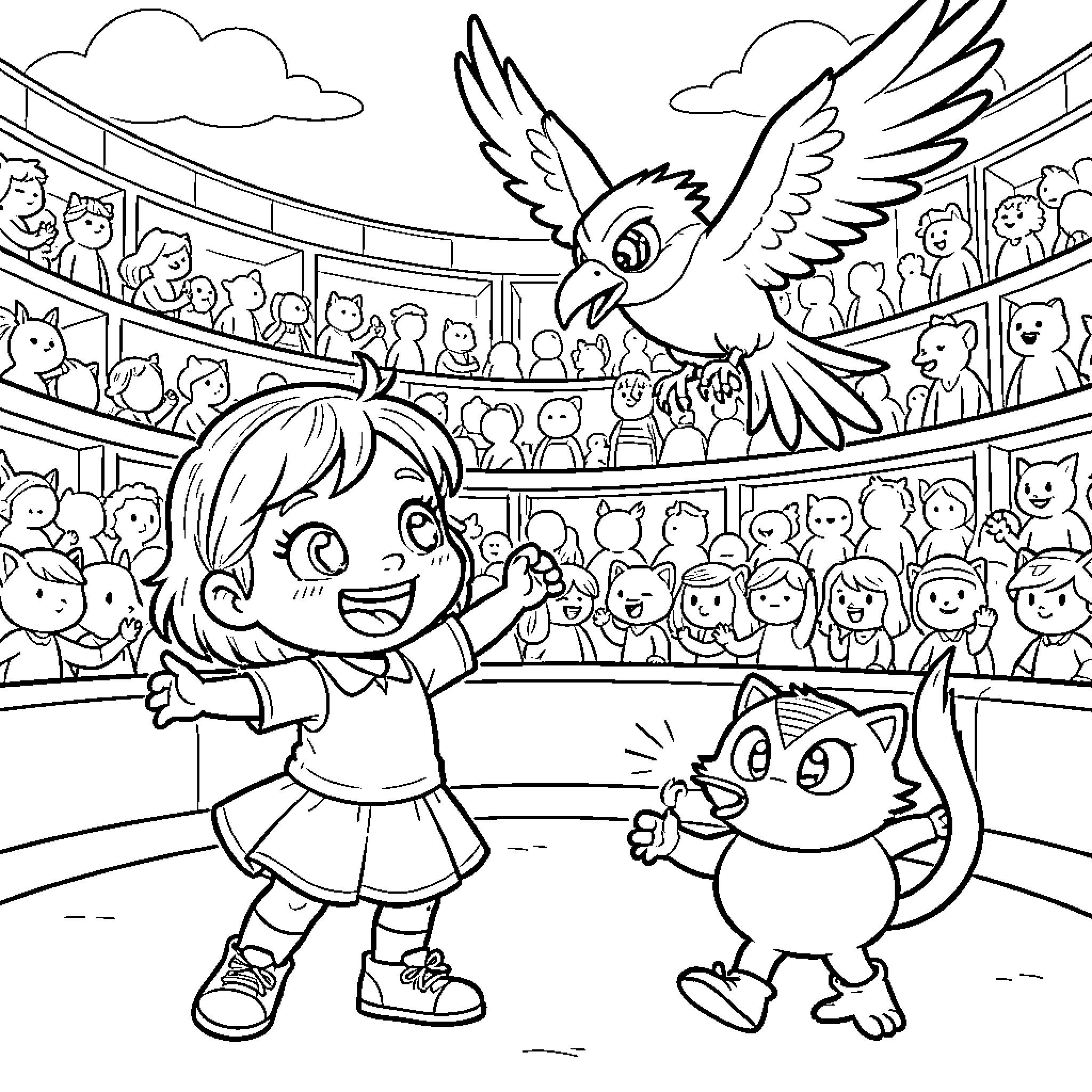 Gabby's Exciting Adventure at the Circus Coloring Page (free black-and-white line drawing printable PDF for all, from beginners to advanced learners, including children, teens, adults, and seniors)