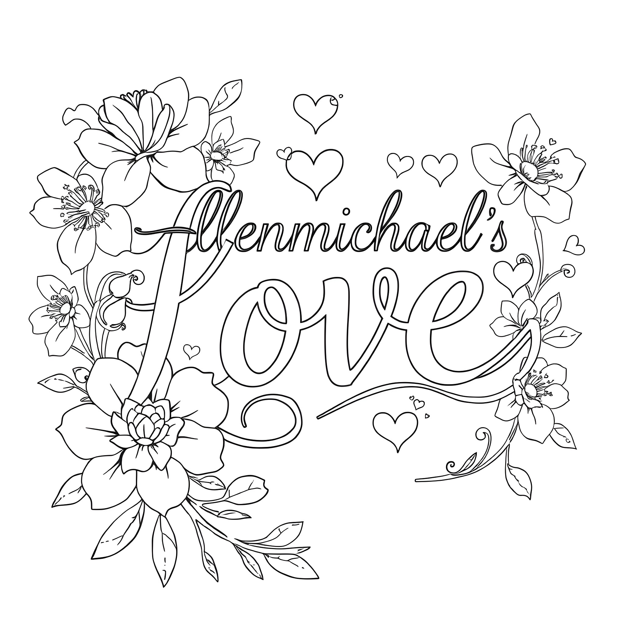 Flower-filled love message with hearts Coloring Page (free black-and-white line drawing printable PDF for all, from beginners to advanced learners, including children, teens, adults, and seniors)