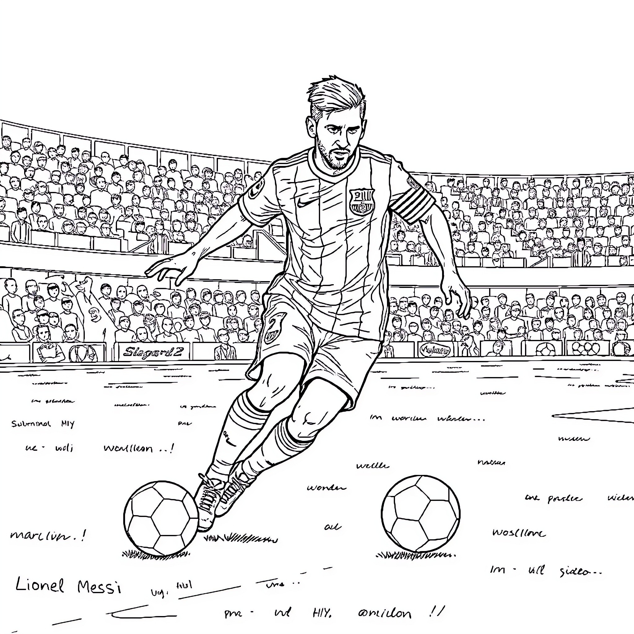 Messi Dribbling Skillfully on Soccer Field Coloring Page (free black-and-white line drawing printable PDF for all, from beginners to advanced learners, including children, teens, adults, and seniors)