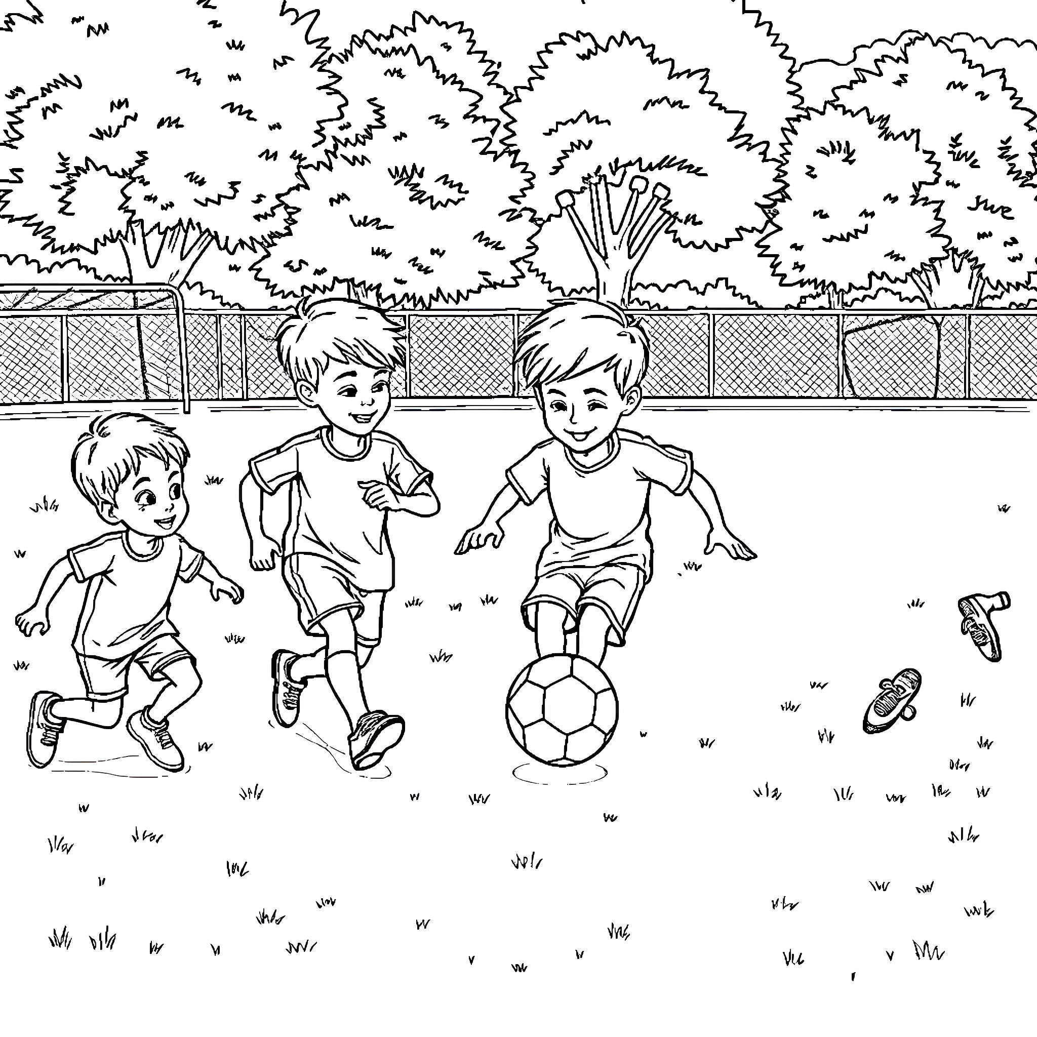 Child playing soccer outdoors with friends Coloring Page (free black-and-white line drawing printable PDF for all, from beginners to advanced learners, including children, teens, adults, and seniors)