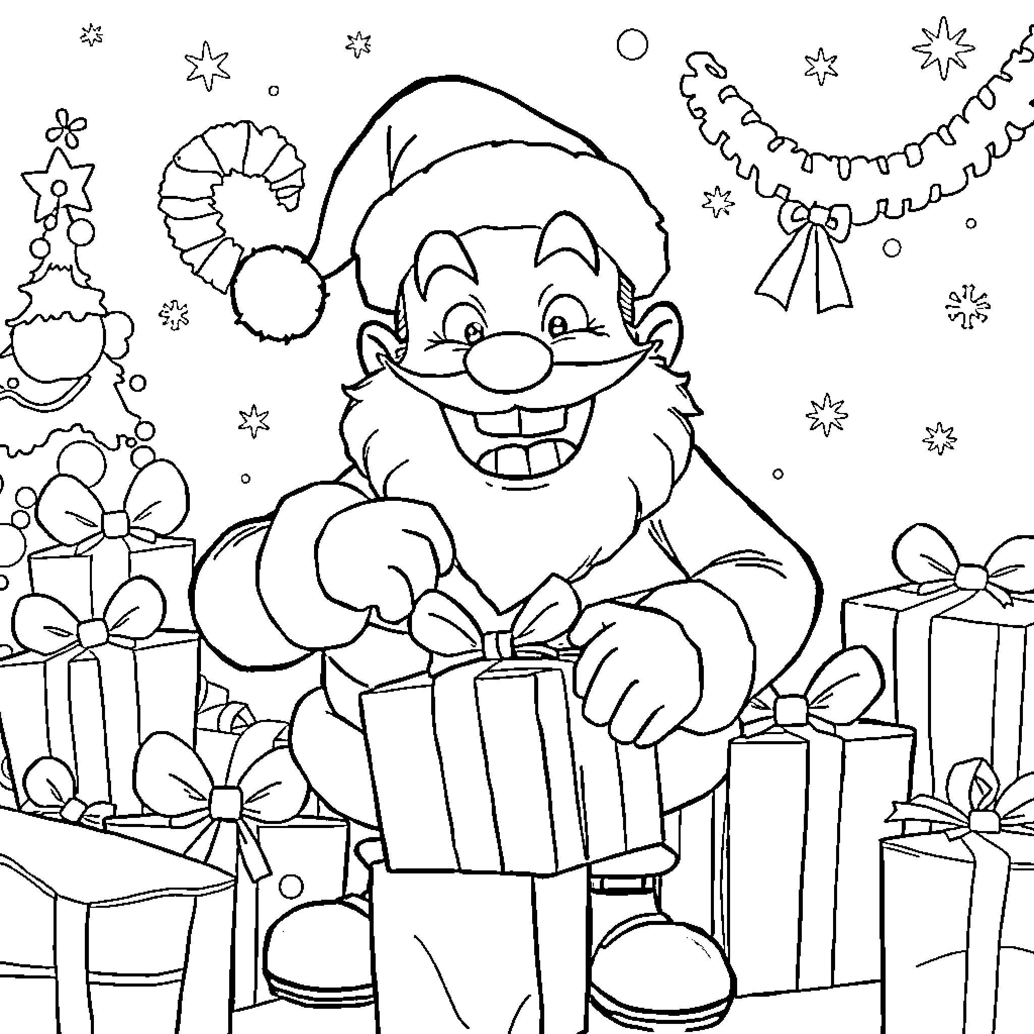 Santa delivering gifts with joy and cheer Coloring Page (free black-and-white line drawing printable PDF for all, from beginners to advanced learners, including children, teens, adults, and seniors)