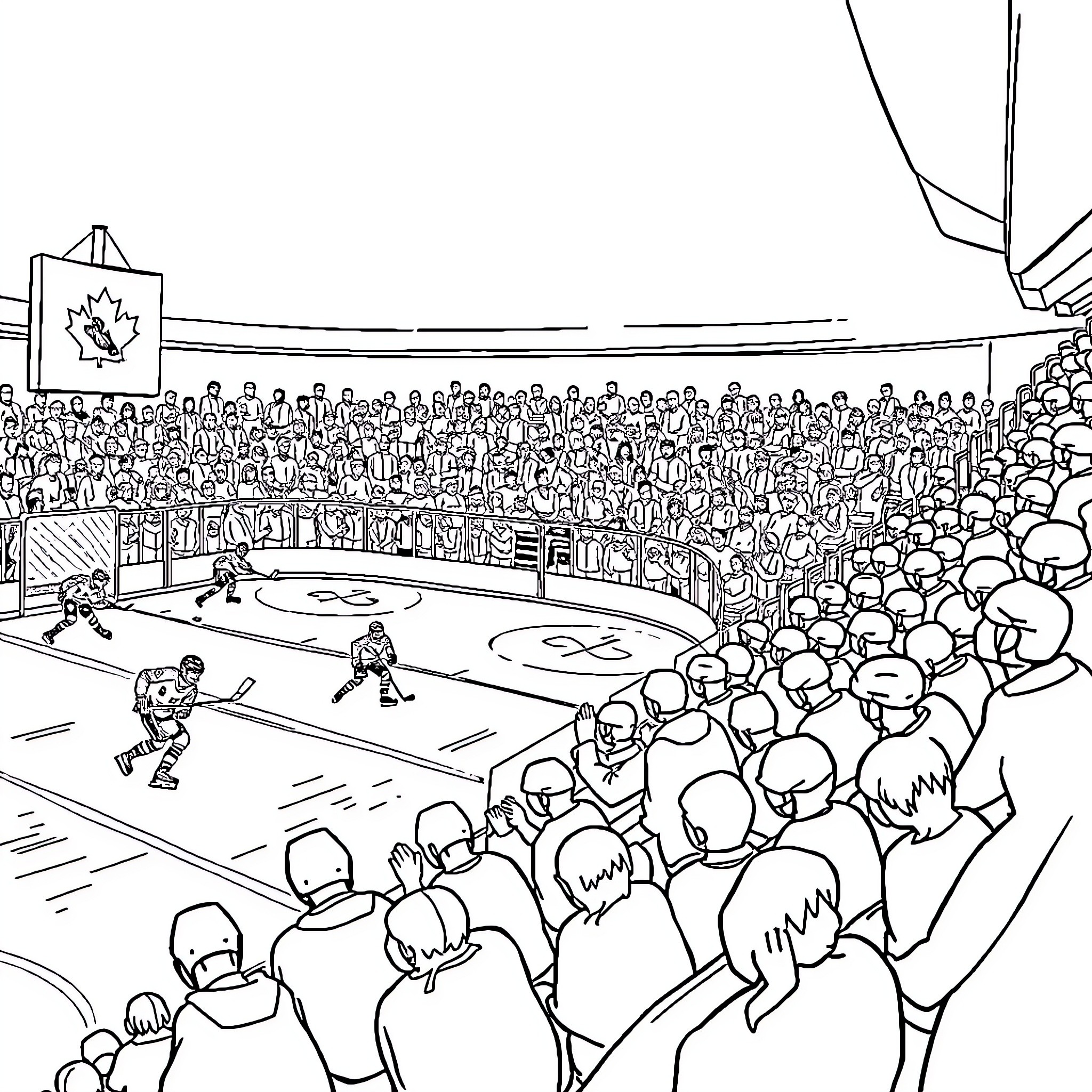 Hockey game in a packed stadium with enthusiastic crowd Coloring Page (free black-and-white line drawing printable PDF for all, from beginners to advanced learners, including children, teens, adults, and seniors)