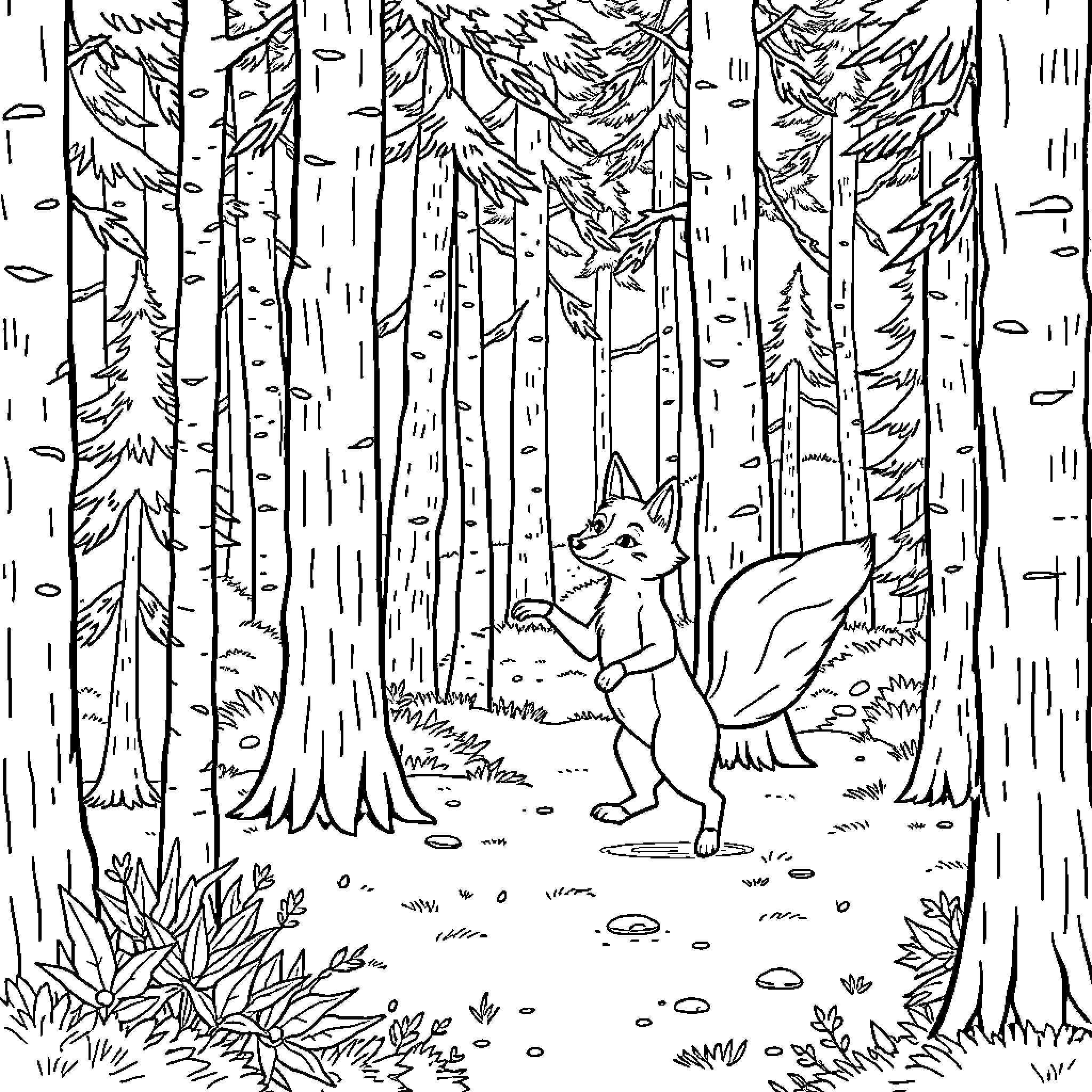 Fox exploring the woodland scenery Coloring Page (free black-and-white line drawing printable PDF for all, from beginners to advanced learners, including children, teens, adults, and seniors)