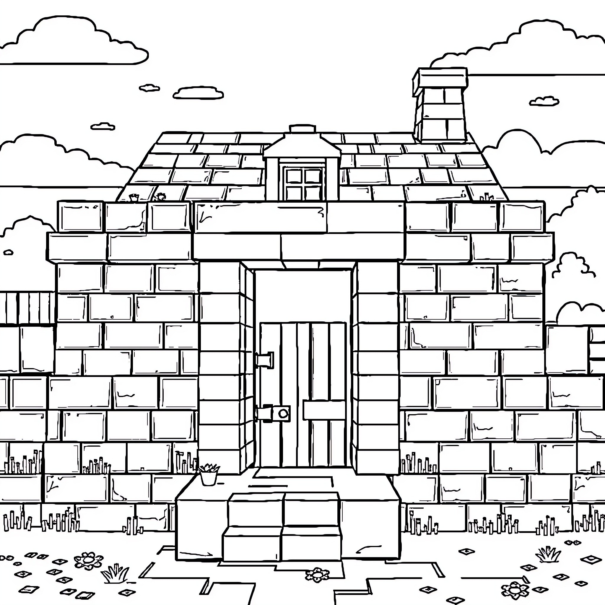 Minecraft House with Brick Exterior and Landscape Coloring Page (free black-and-white line drawing printable PDF for all, from beginners to advanced learners, including children, teens, adults, and seniors)