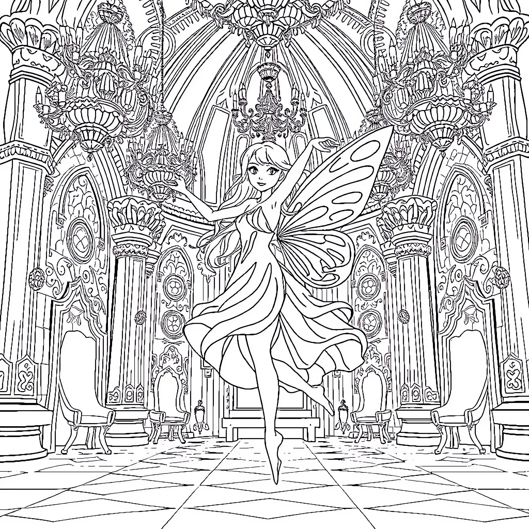 Fairy Ballerina Dancing in an Ornate Palace Coloring Page (free black-and-white line drawing printable PDF for all, from beginners to advanced learners, including children, teens, adults, and seniors)