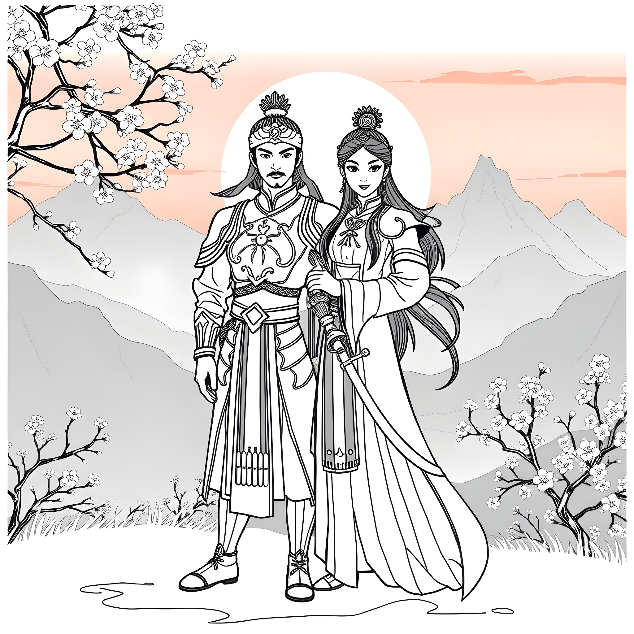 Mulan and Concubine Warrior in Ancient China Coloring Page (free black-and-white line drawing printable PDF for all, from beginners to advanced learners, including children, teens, adults, and seniors)