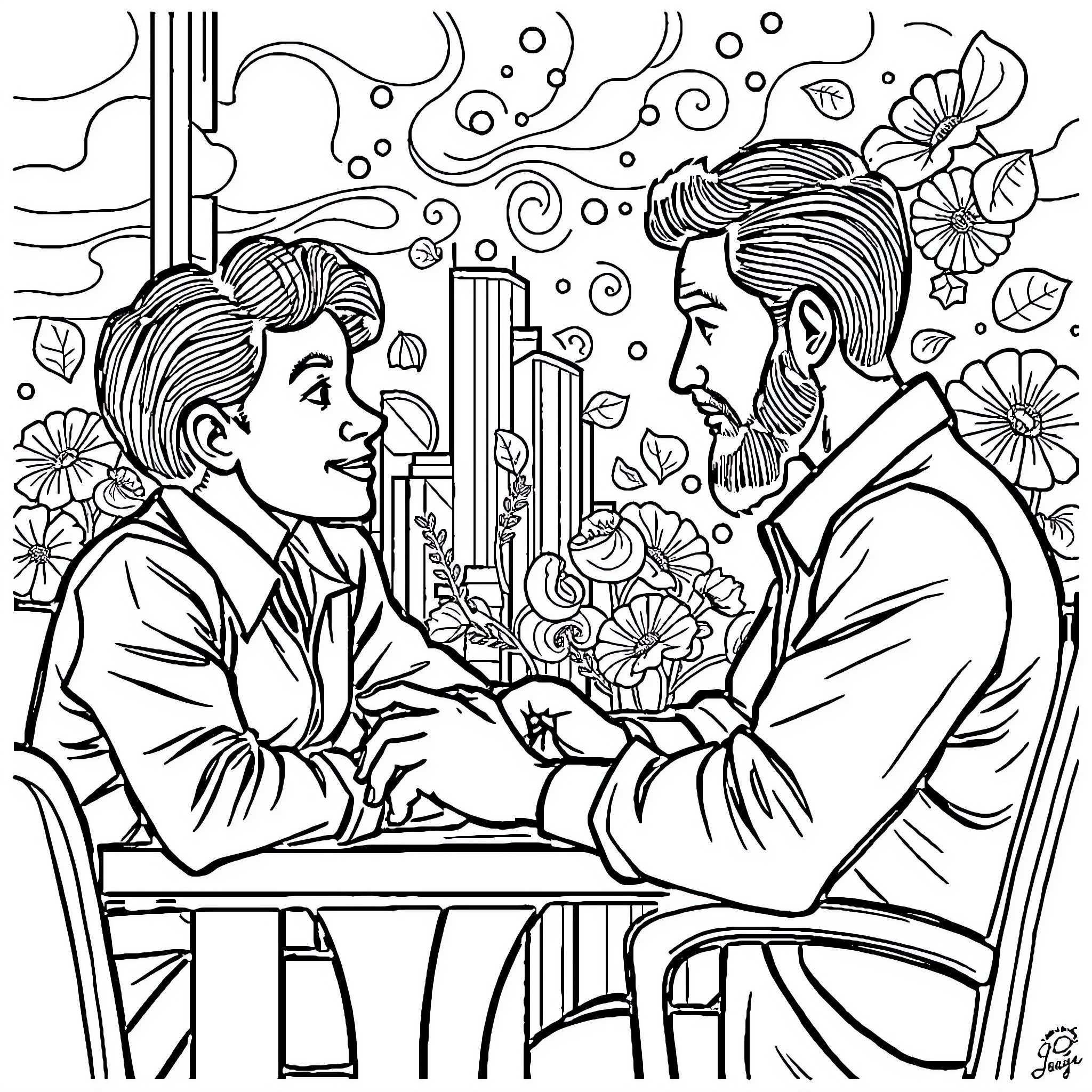 Management discussing business strategy amidst floral backdrop Coloring Page (free black-and-white line drawing printable PDF for all, from beginners to advanced learners, including children, teens, adults, and seniors)