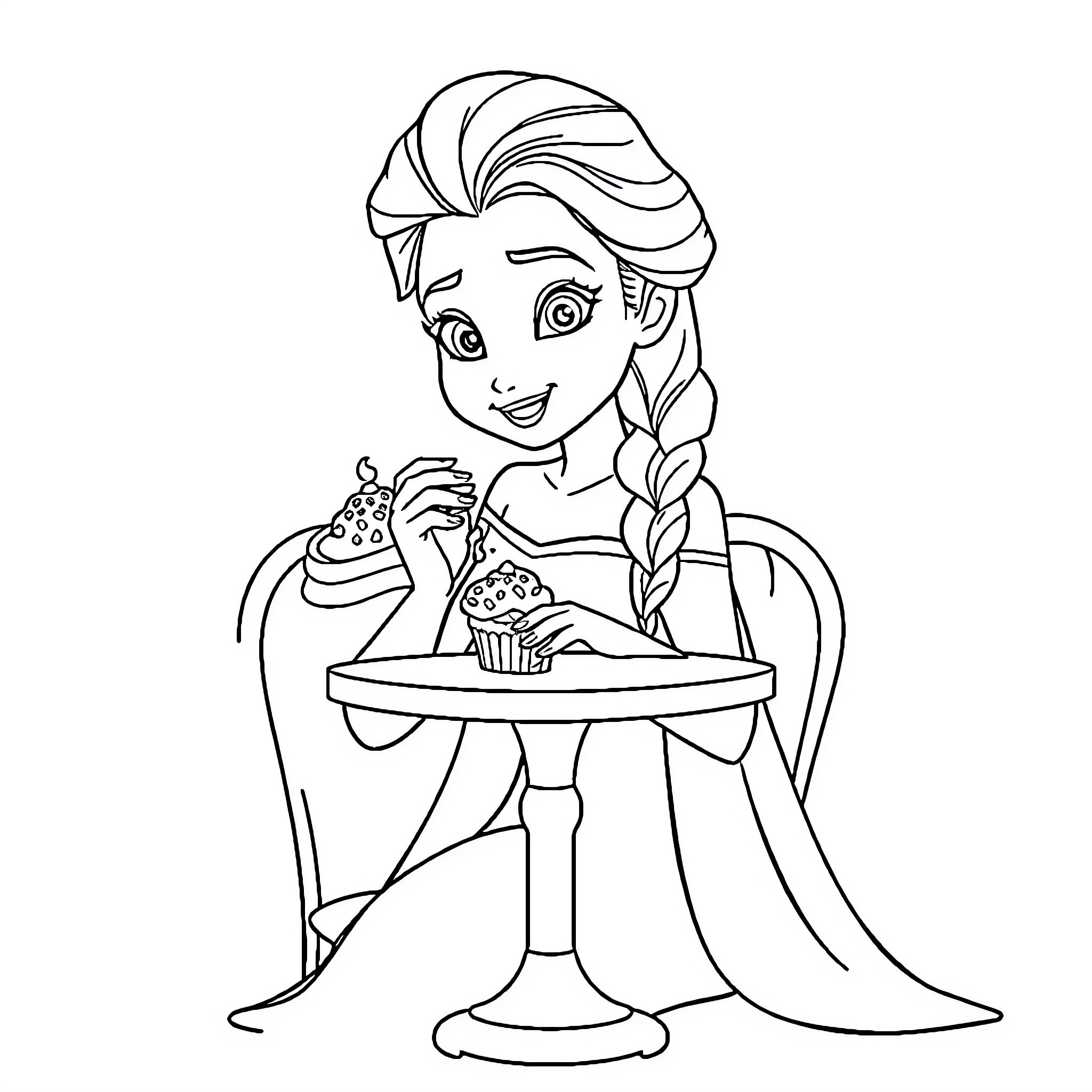 Elsa enjoying delightful desserts Coloring Page (free black-and-white line drawing printable PDF for all, from beginners to advanced learners, including children, teens, adults, and seniors)