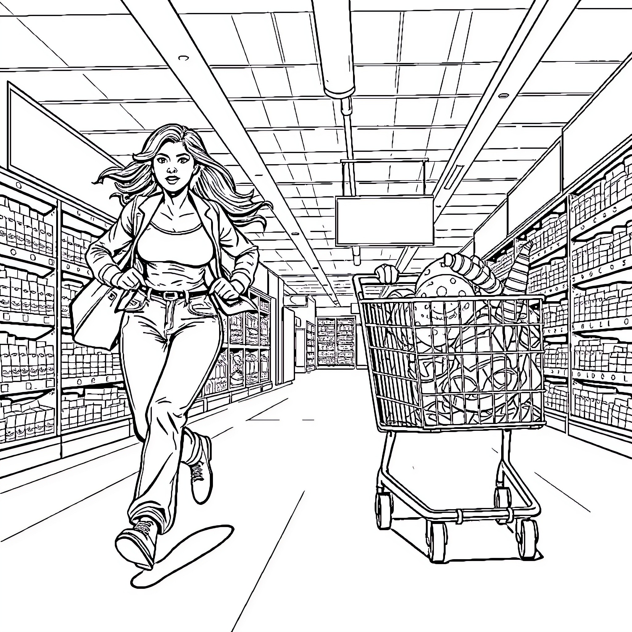 Woman shopping in a grocery store with a cart Coloring Page (free black-and-white line drawing printable PDF for all, from beginners to advanced learners, including children, teens, adults, and seniors)