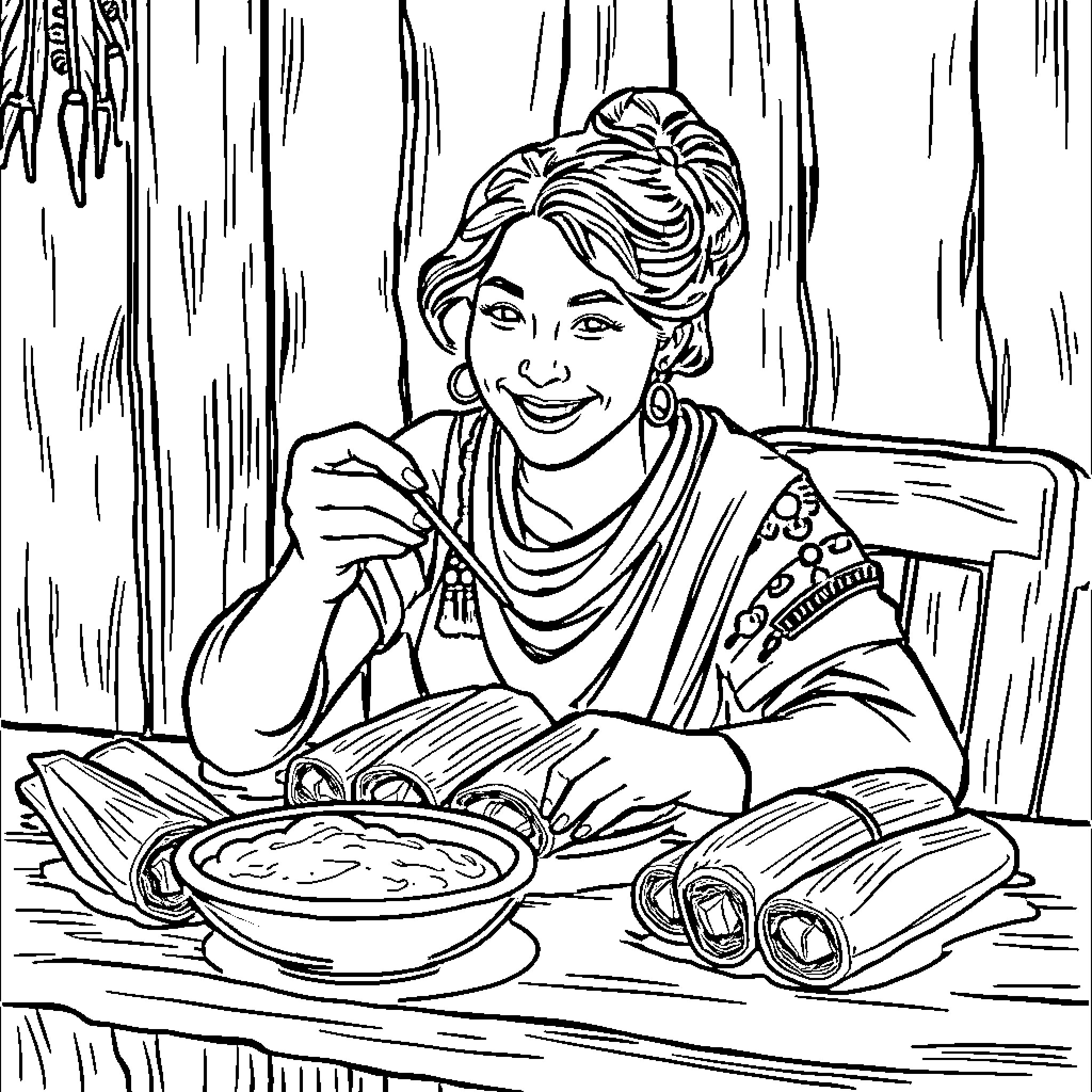 Woman Enjoying a Hearty Meal in a Cozy Setting Coloring Page (free black-and-white line drawing printable PDF for all, from beginners to advanced learners, including children, teens, adults, and seniors)