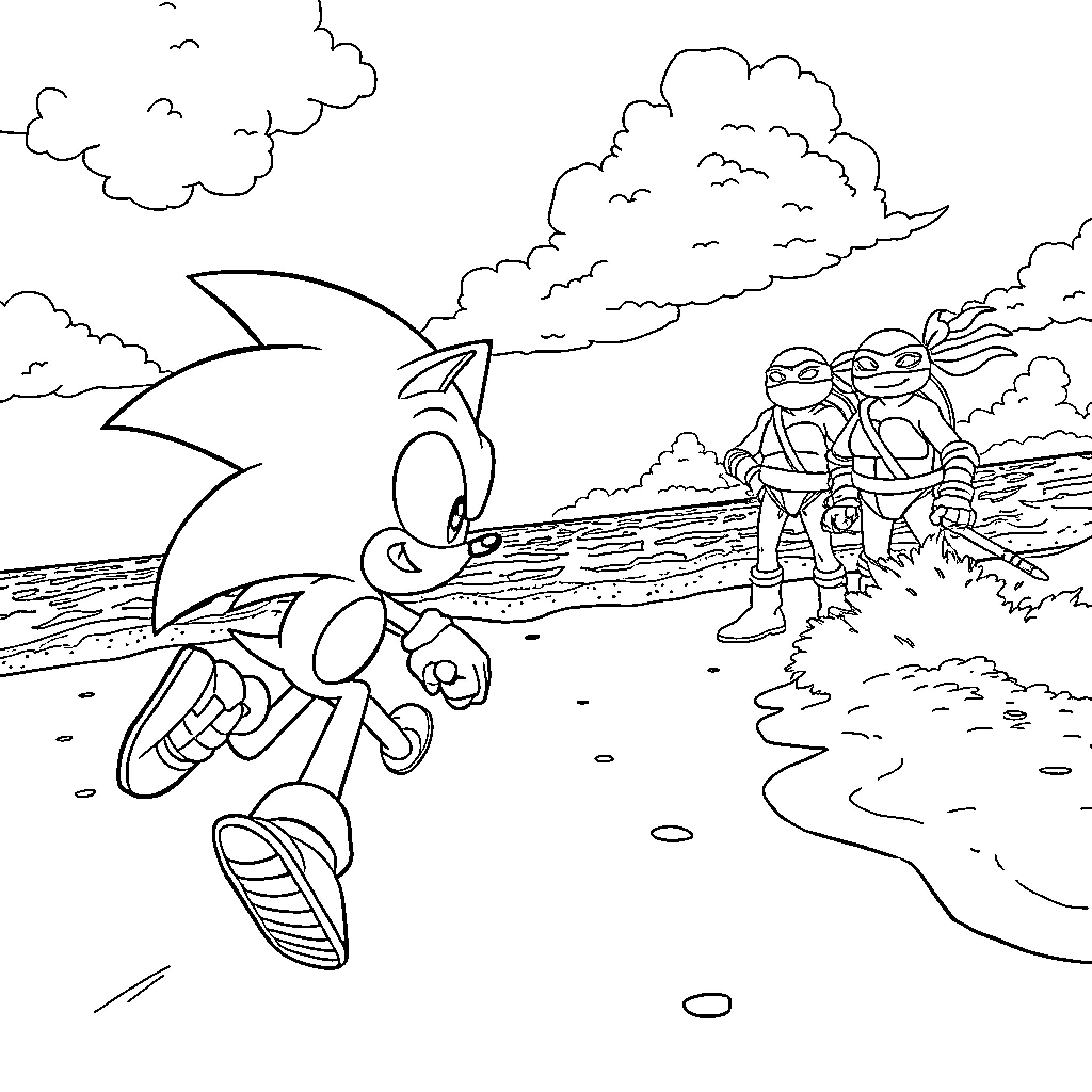 Sonic racing at the beach with friends Coloring Page (free black-and-white line drawing printable PDF for all, from beginners to advanced learners, including children, teens, adults, and seniors)