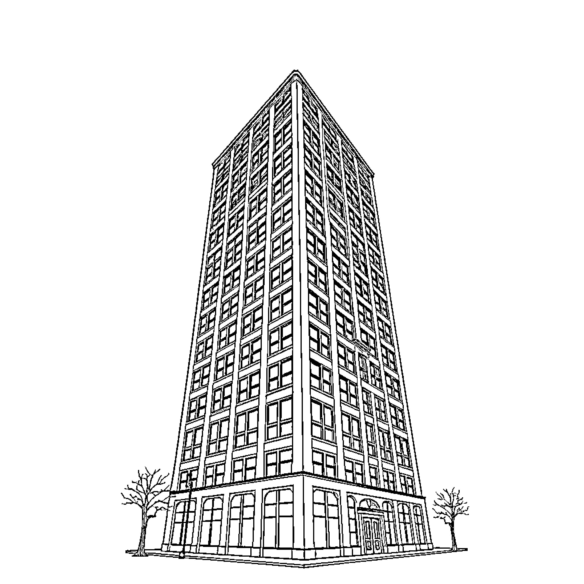 Towering Skyscraper Stands Tall Coloring Page (free black-and-white line drawing printable PDF for all, from beginners to advanced learners, including children, teens, adults, and seniors)