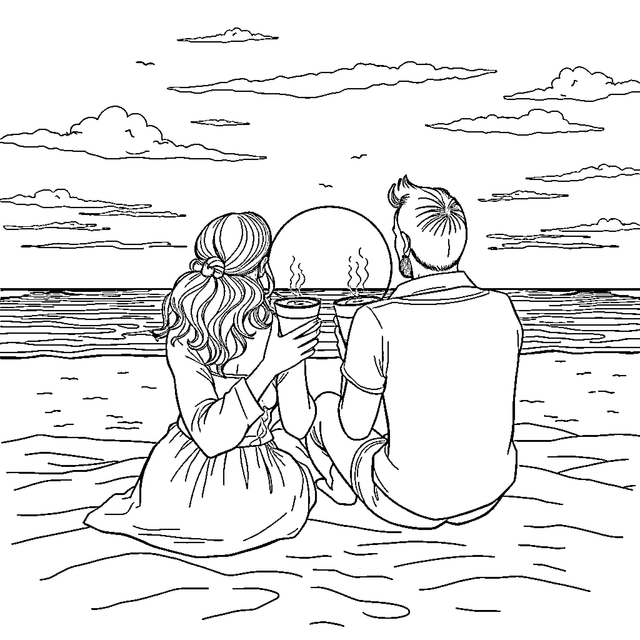 Man and Woman Sitting Together at the Beach Coloring Page (free black-and-white line drawing printable PDF for all, from beginners to advanced learners, including children, teens, adults, and seniors)